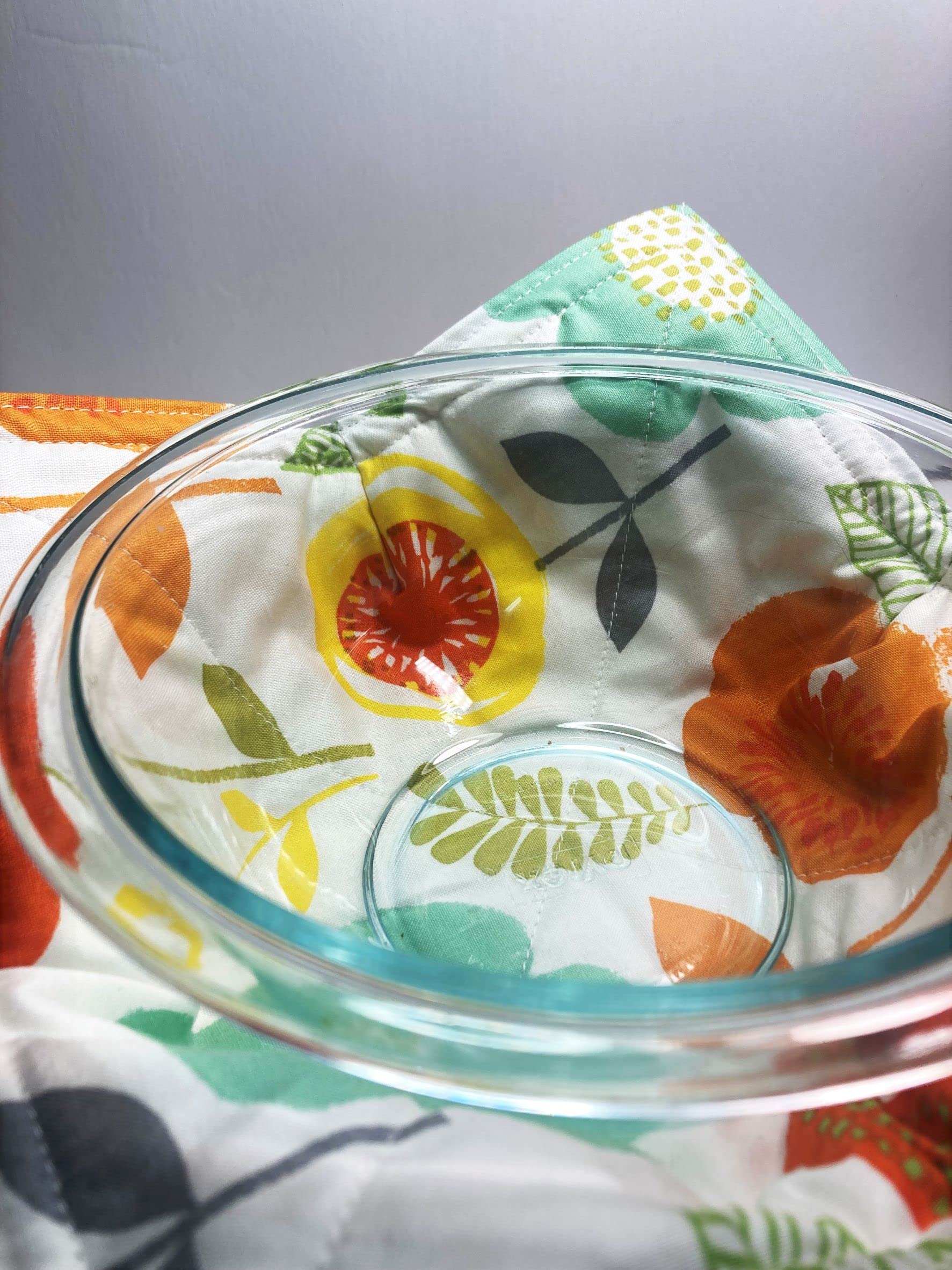 Set of 2 Microwave Bowl Cozies - 8.5 Inch Heat Resistant Cotton Bowl Holders for 8 Inch Bowls, Modern Floral Print (Orange Yellow Aqua) - Perfect for Hot Soup, Oatmeal & Microwave Meals
