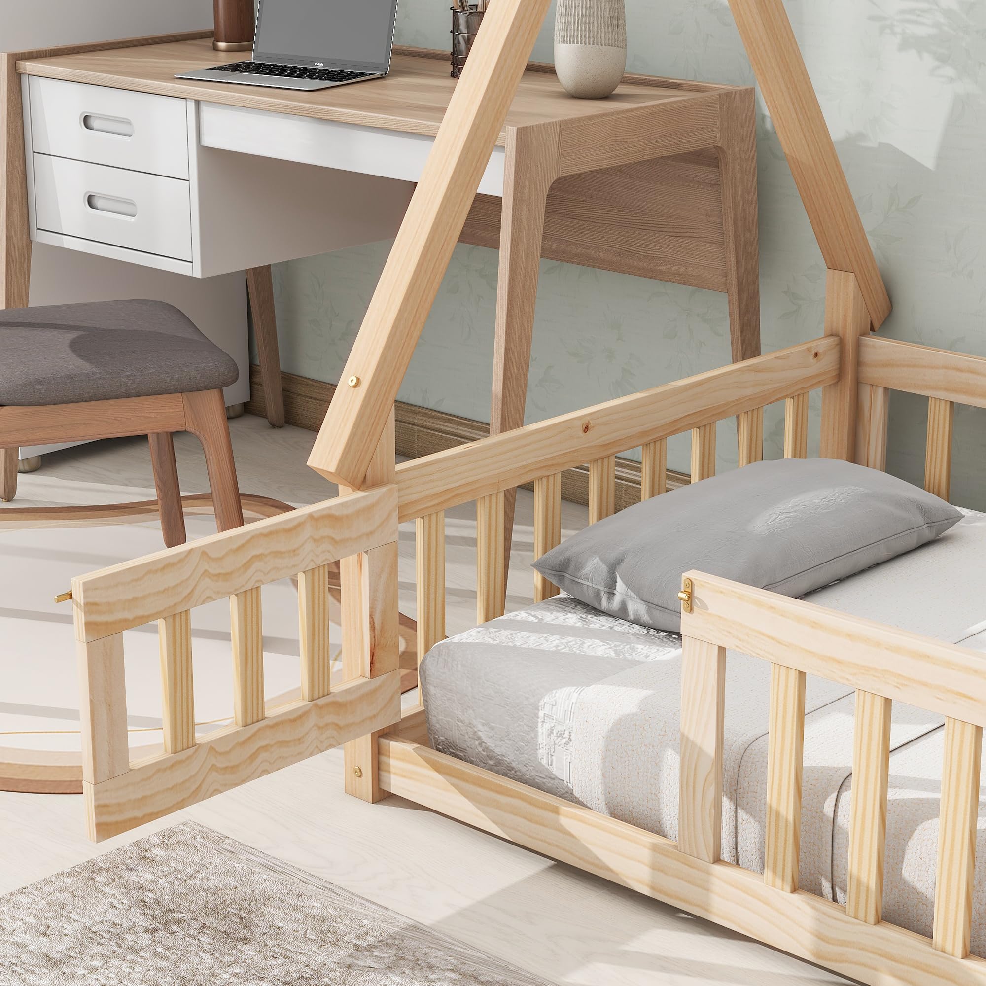 SOFTSEA Twin Size Tent-Shaped Floor Bed with Fence & Door - Solid Wood Bed Frame with Guardrails for Kids - House-Shaped Floor Bed with Triangle Structure - Natural Wood - Perfect for Kids' Bedroom, Playroom & Montessori Learning Spaces