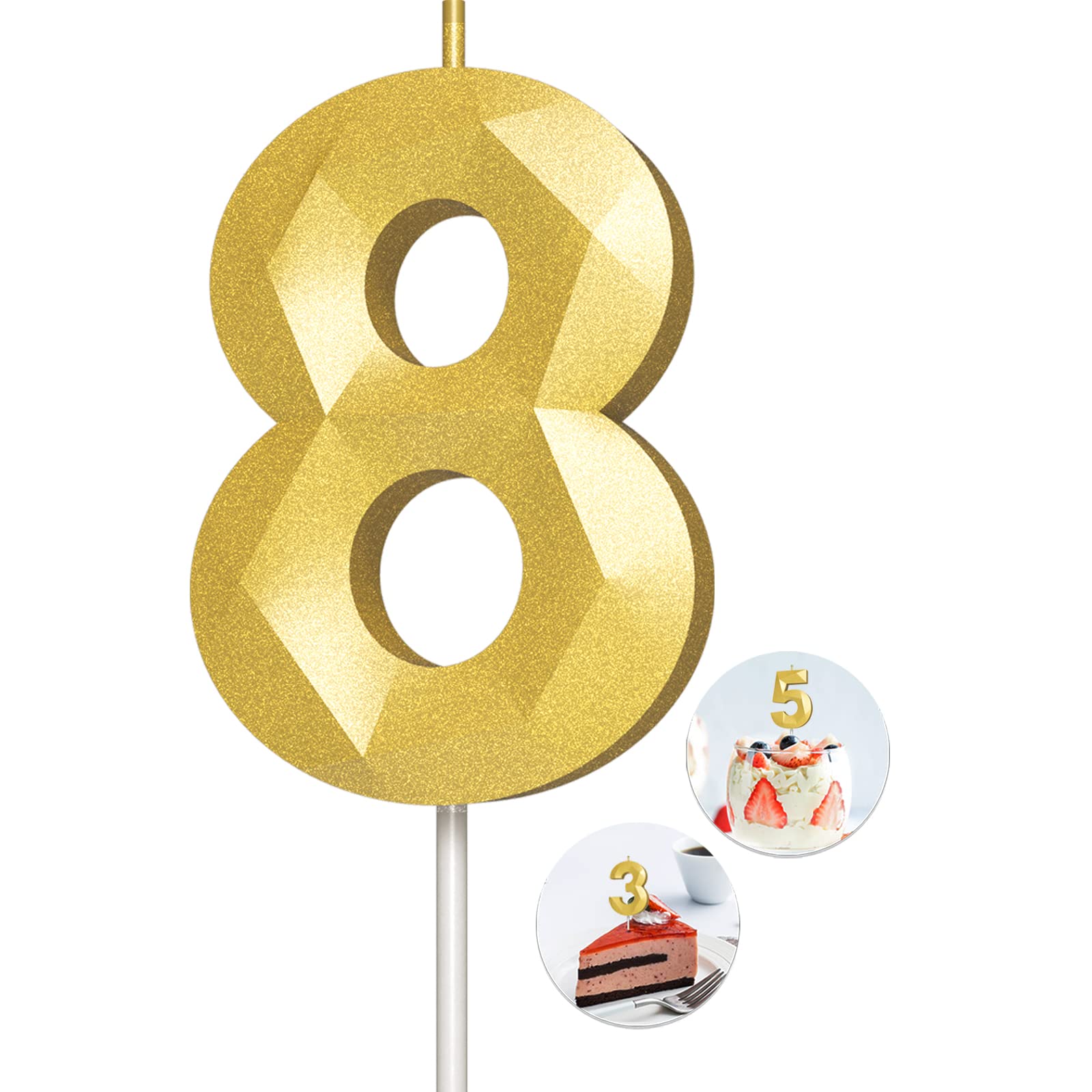 3D Diamond Shape Gold Number 8 Birthday Candles - Elegant Cake Toppers for Birthday Parties, Weddings, Reunions & Theme Celebrations - Perfect for Cake Decorating and Special Occasions