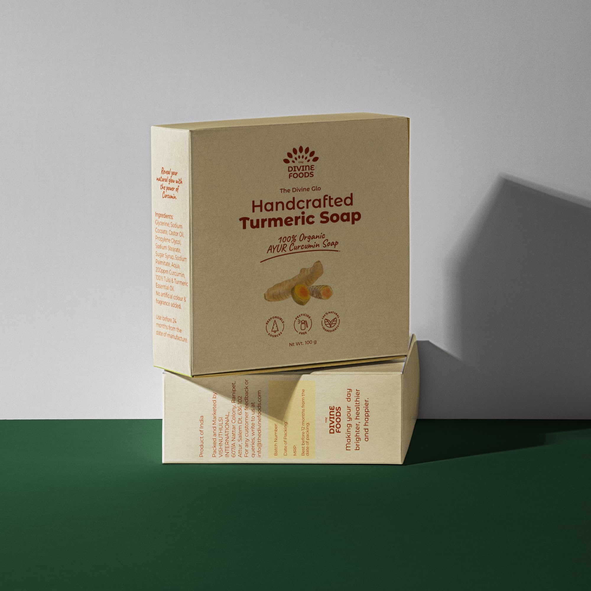 Organic Turmeric & Curcumin Handmade Soap by The Divine Foods - 200g (2 x 100g Bars) - Natural Skincare for Acne, Eczema & Glowing Skin