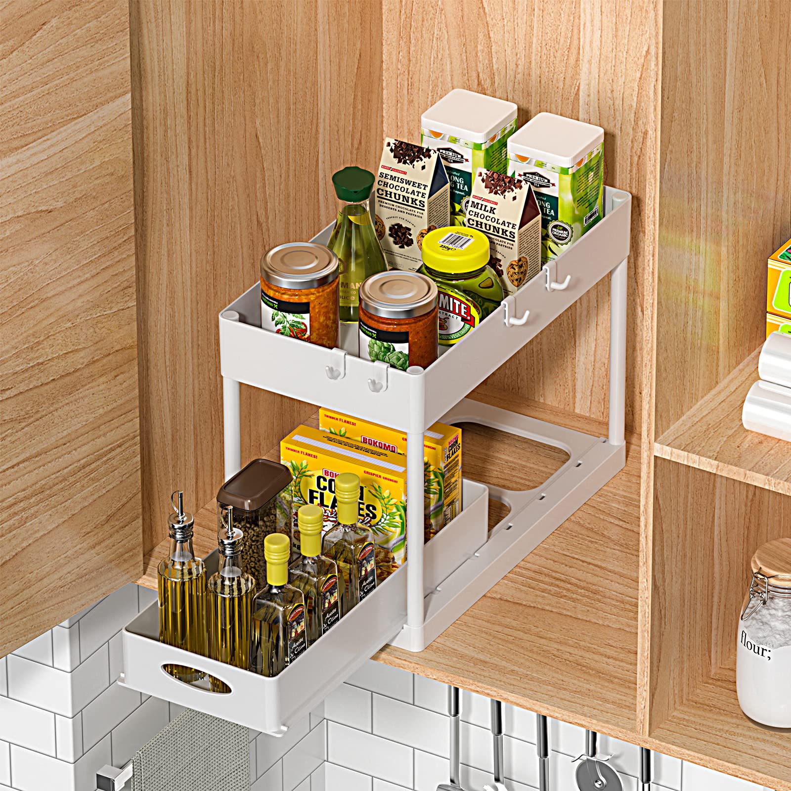 PUILUO 2-Tier Under Sink Organizer - White Sliding Cabinet Basket for Bathroom & Kitchen Storage - Perfect for Organizing Cleaning Supplies, Sponges & Toiletries Under Sink or in Cabinets