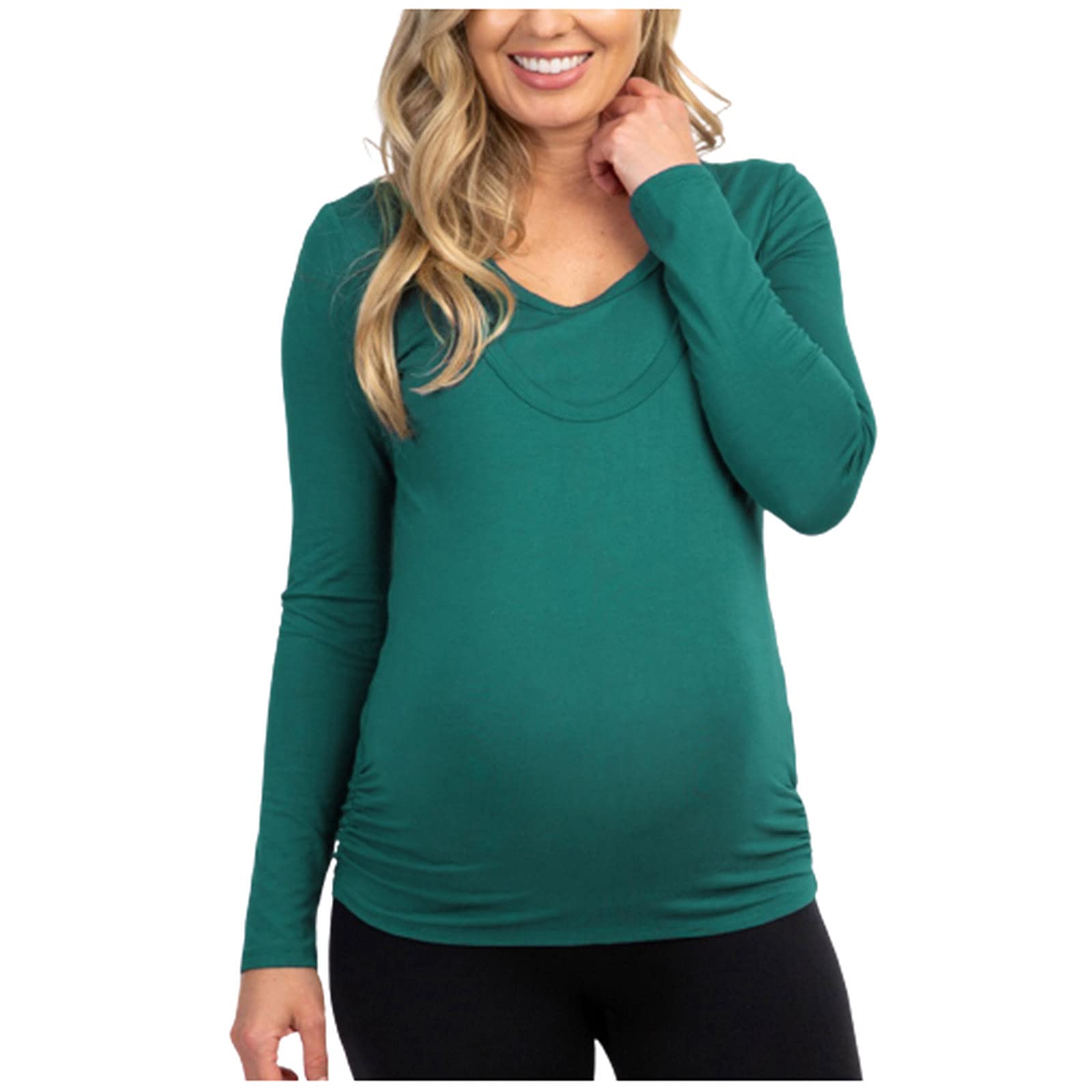 Long Sleeve Maternity Tops for Women - Baseball Crew Neck Pregnancy Shirts | Comfortable Solid Color Blouse for Casual Wear | Perfect for Office, Shopping & Maternity Photos