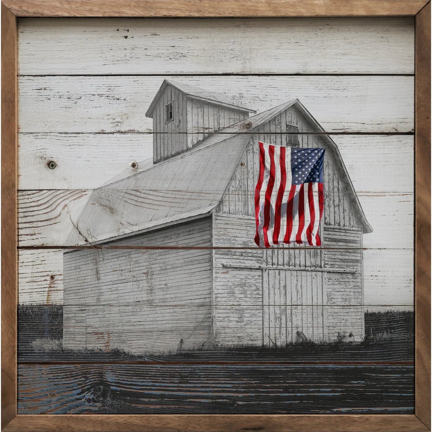 Black and White Flag Framed Print on Rustic Barn Wood - Perfect for Farmhouse, Cabin, and Patriotic Home Decor