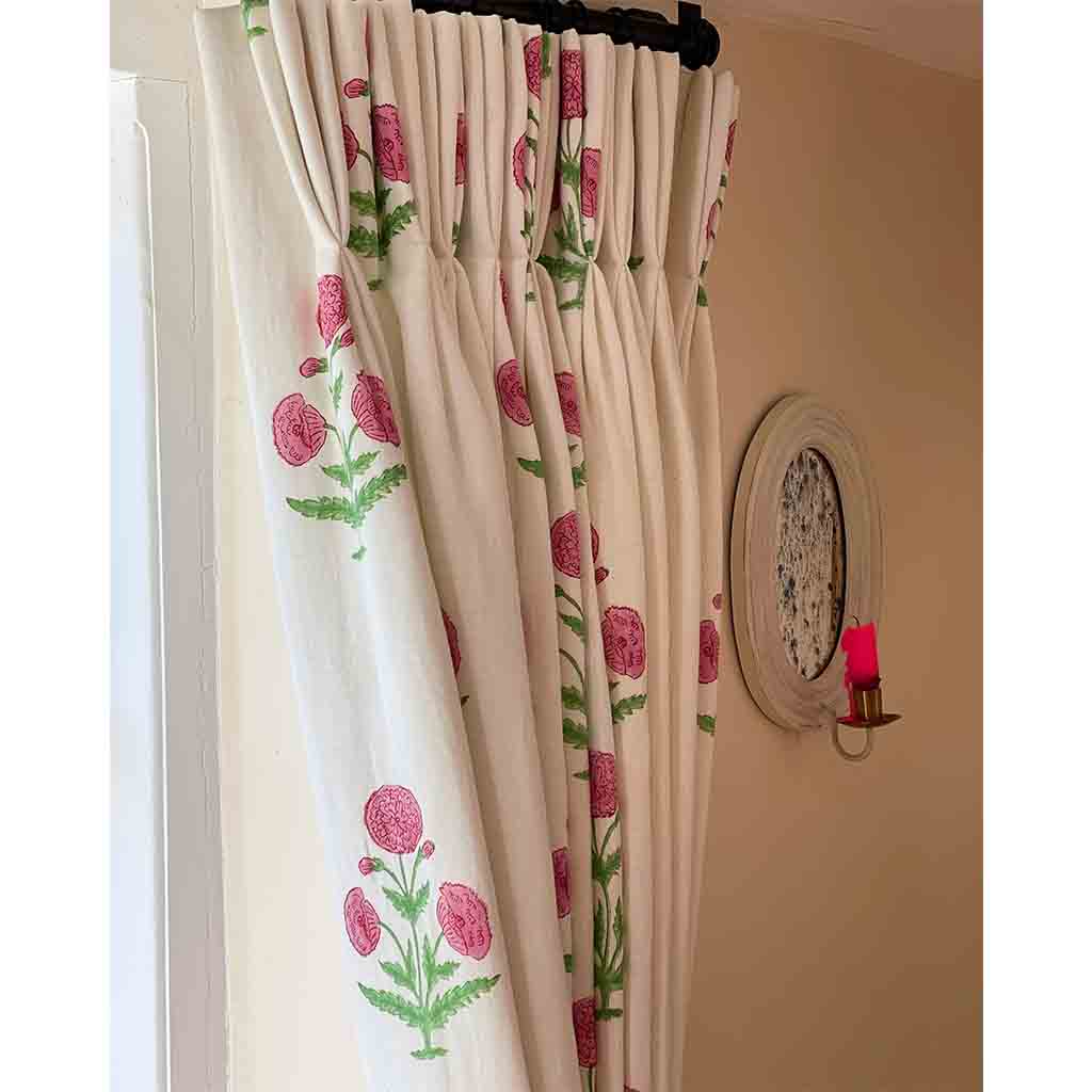 Poppy Block Printed Linen Fabric - Rose & Grass Design | Eco-Friendly Home Decor, Table Runners, Curtains & DIY Craft Projects
