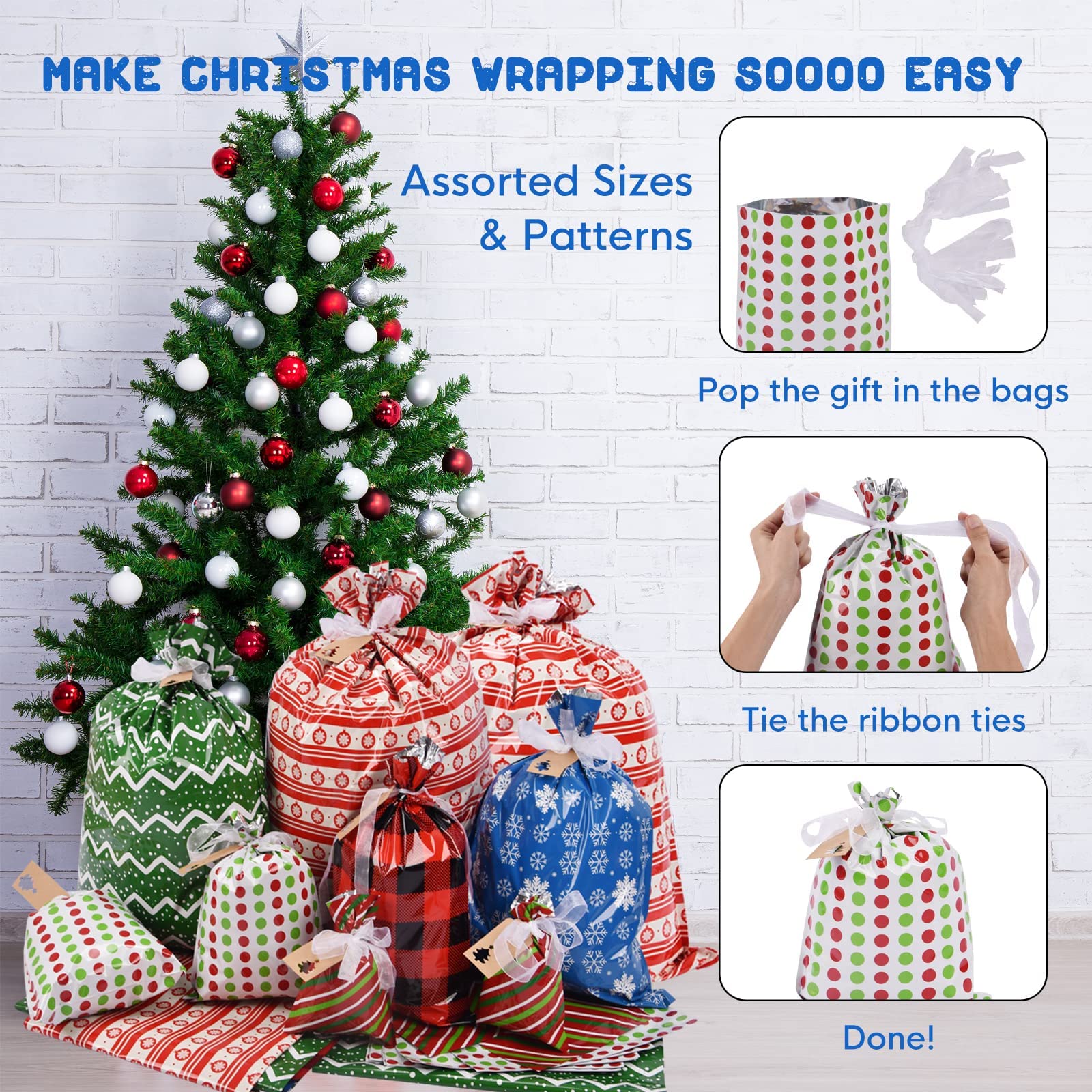 34pcs Christmas Gift Bags Assorted Sizes (Small/Medium/Large) - Reusable Holiday Drawstring Gift Bags with Ribbon Ties for Xmas Presents, Party Favors & Stocking Stuffers - Perfect for Gift Wrapping, Office Exchanges & Festive Celebrations