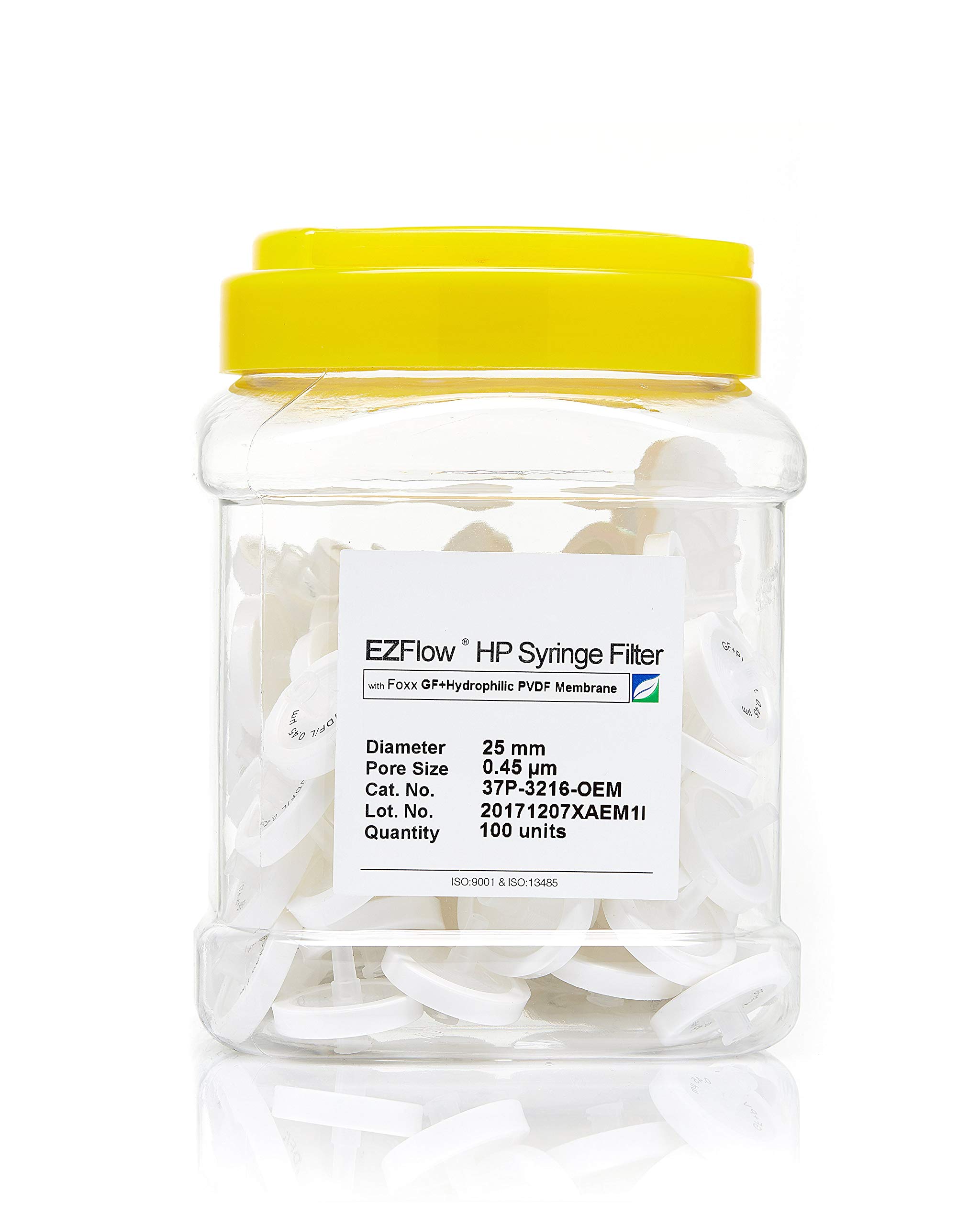 Foxx Life Sciences 37P-3216-OEM Hydrophilic PVDF Membrane Syringe Filter with Glass Fiber Prefilter, 0.45 µm Pore Size, Pack of 100 – Ideal for Lab Filtration, HPLC Sample Preparation, and Sterile Liquid Processing
