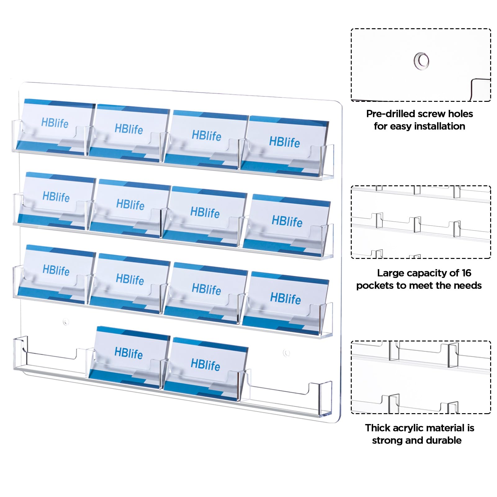 Clear Acrylic Business Card Holder - Wall Mount Sticker Display Rack with 16 Pockets for Organizing Gift Cards, Brochures & Business Cards | Perfect for Offices, Retail Stores & Trade Shows