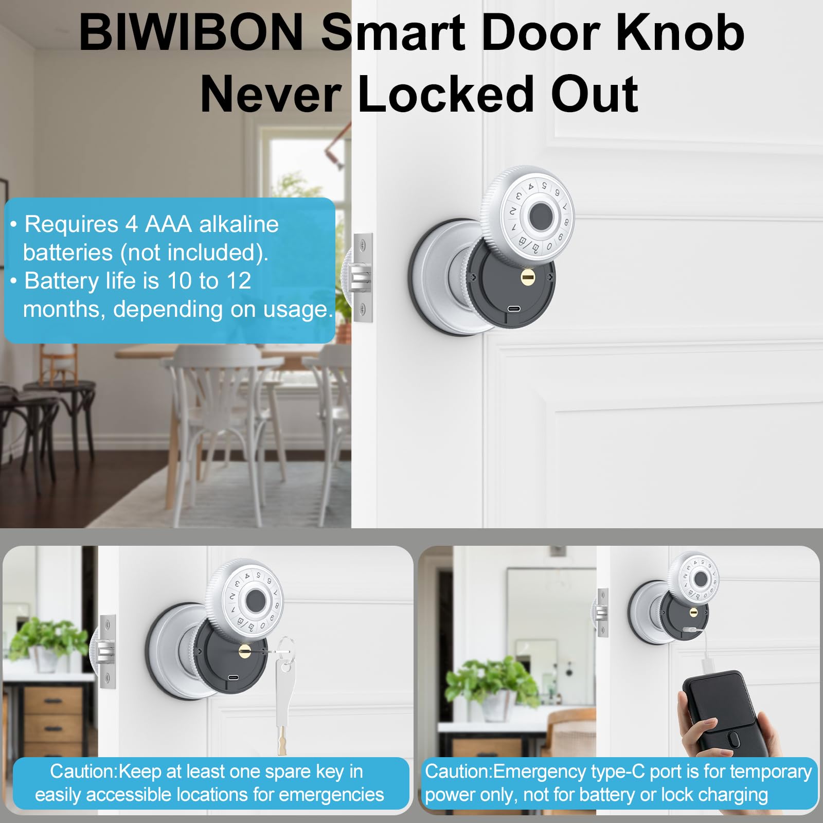 4-in-1 Smart Door Knob with Fingerprint, Keypad & App Control - Auto Lock & Privacy Mode - Secure Entry for Homes, Offices & Garages (Silver, 1 Pack) - Perfect for Smart Home Security & Keyless Access