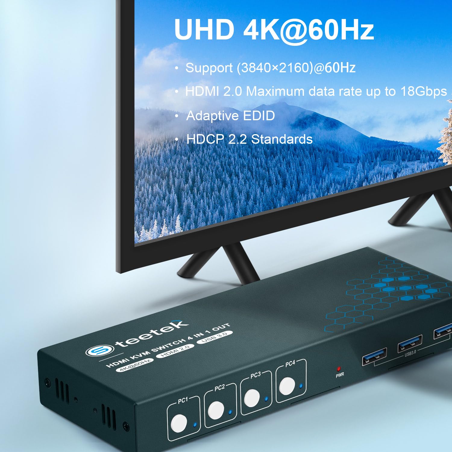 Steetek 4 Port HDMI KVM Switch - 4K UHD @60Hz, USB 3.0 Hub, Share 1 Monitor & 4 USB Devices Among 4 Computers - Button Switch, HDMI 2.0 HDCP 2.2 with Cables - Perfect for Home Office, Gaming & Multi-Device Workspaces