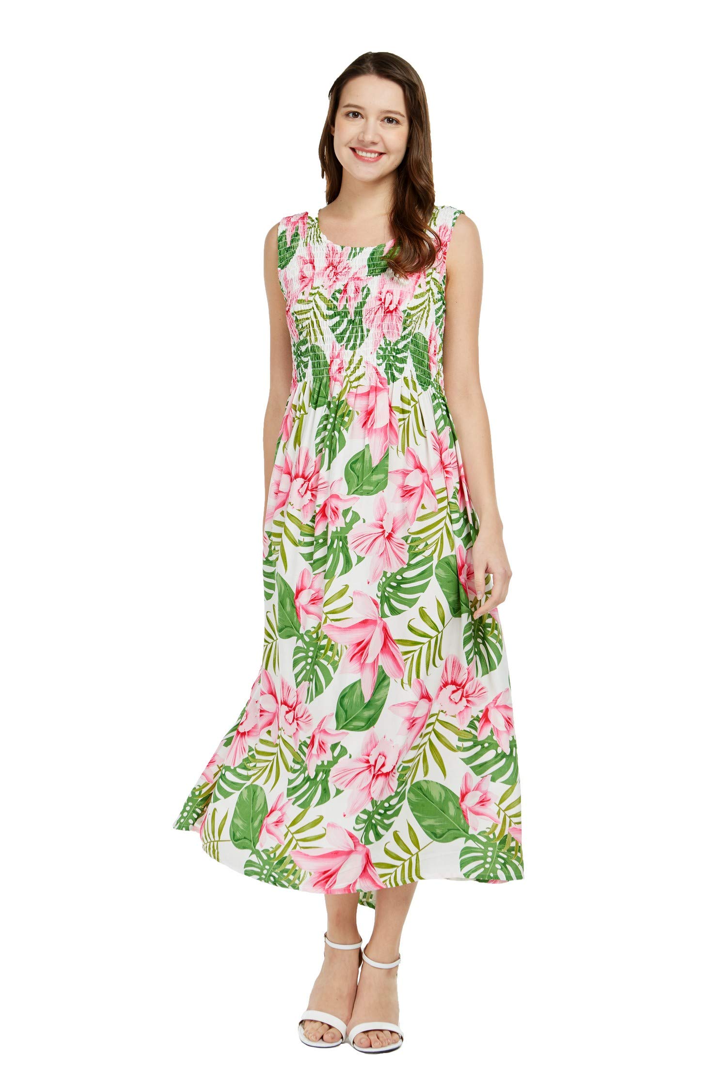 Women's Hawaiian Maxi Tank Dress - Elastic Waist, Floral Sunset Print - Perfect for Luau Parties, Beach Vacations & Summer Outings