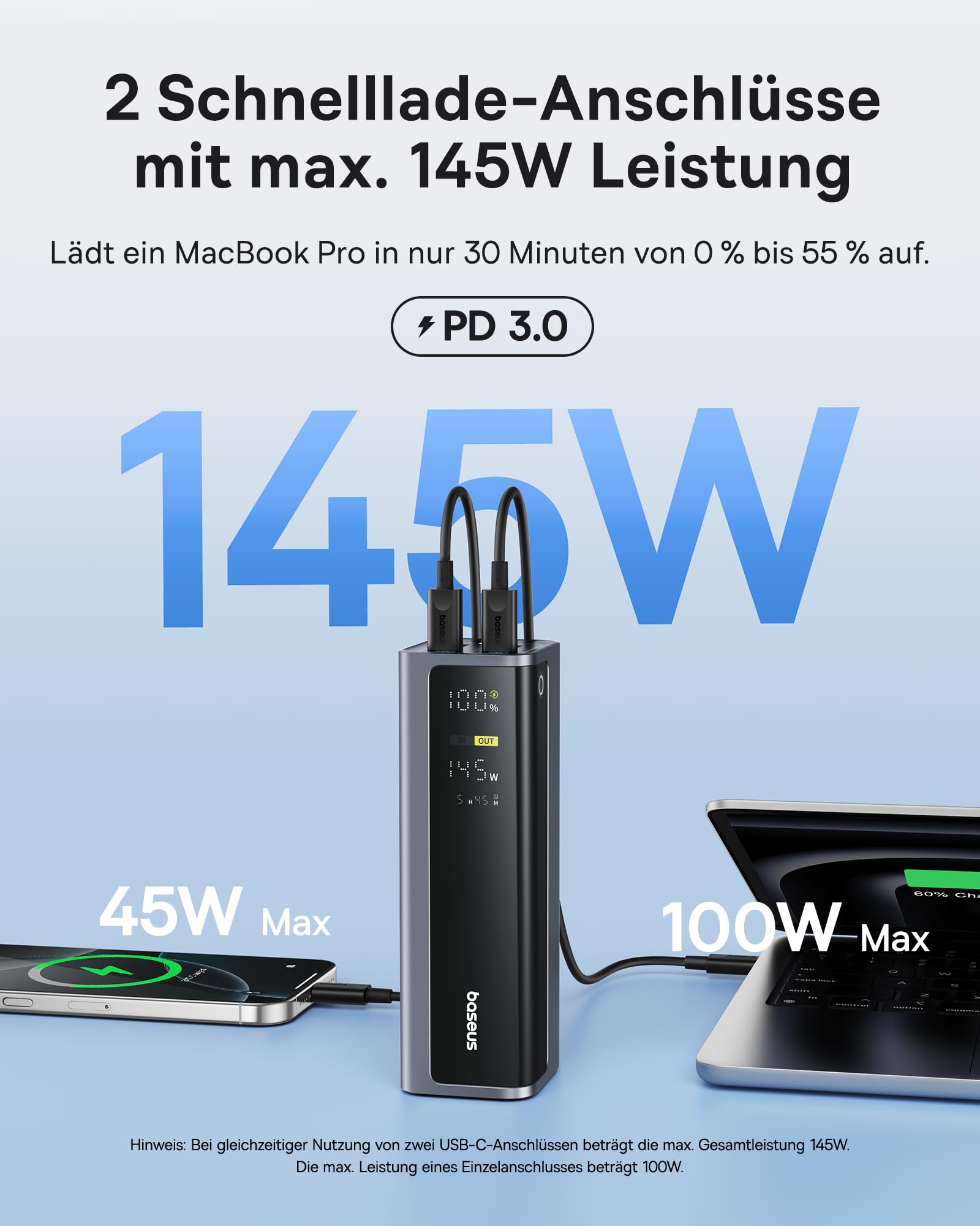 Baseus EnerGeek 145W 20800mAh Portable Laptop Charger - Dual USB-C PD 3.0 100W Fast Charging Power Bank with Digital Display - Compatible with MacBook Pro, Dell, HP, Steam Deck, iPhone 16/15/14/13, Samsung Galaxy - Perfect for Travel, Work & Gaming