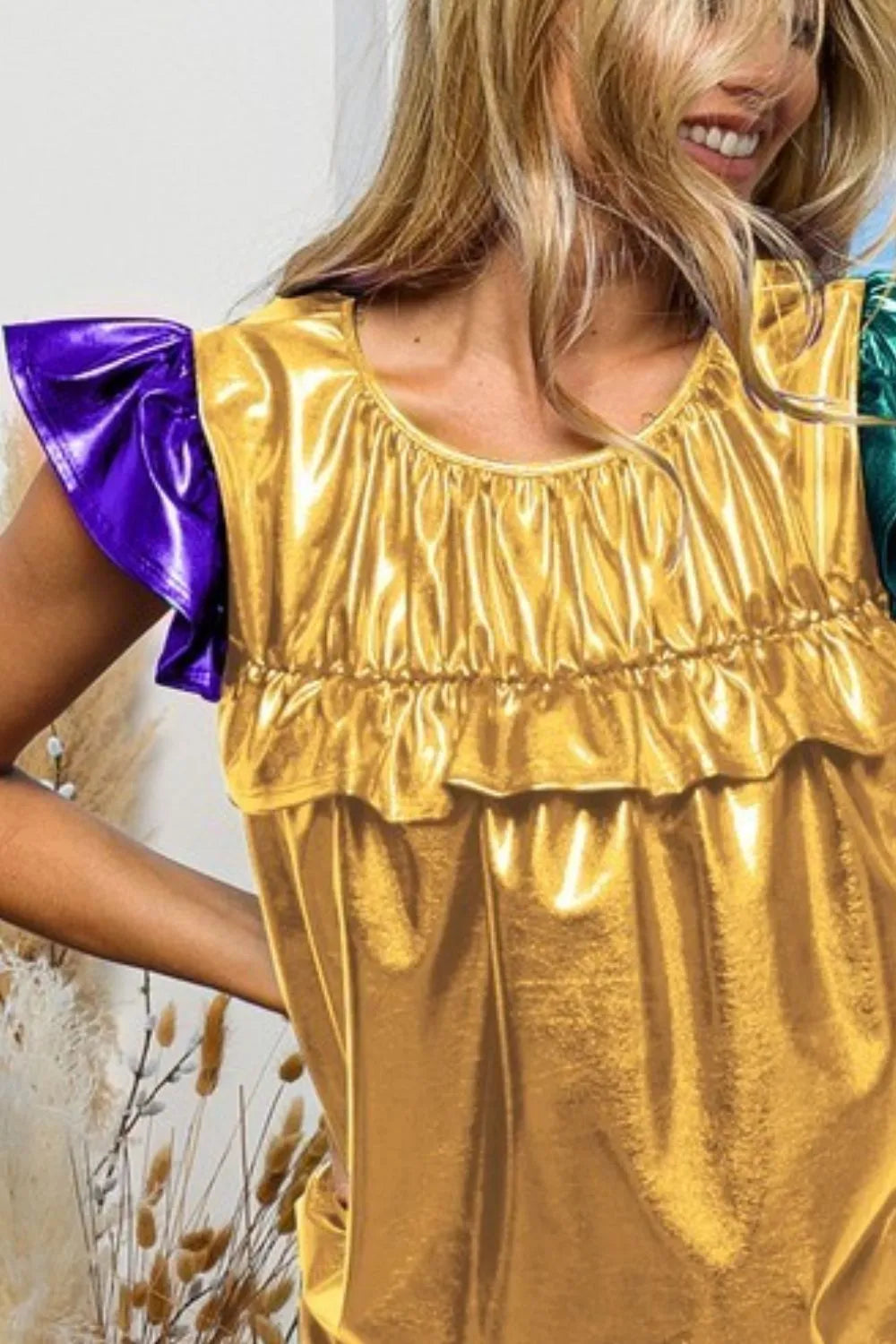Bibi Foiled Knit Color Block Short Sleeve Ruffled Blouse - Gold, Purple & Hunter Green Women's Tops for Party, Date Night & Special Occasions