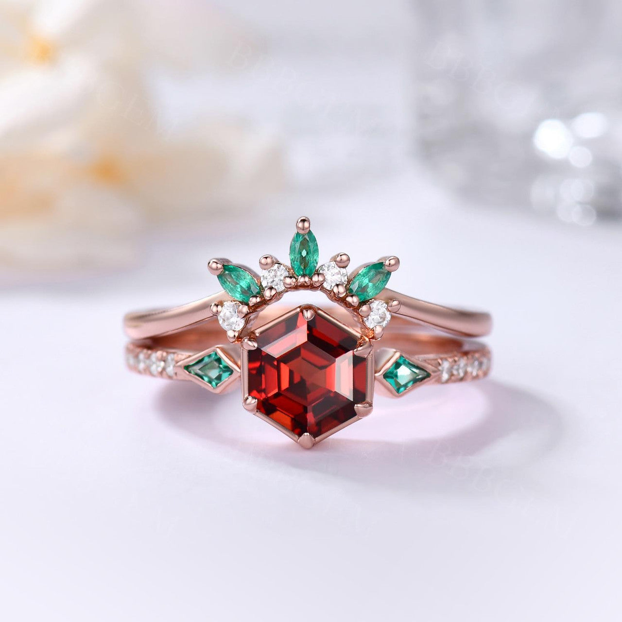 3 Stones Hexagon Lab Ruby with Kite Cut Emerald Sidestones Wedding Ring Set in Bezel & Prong Rose Gold Setting - Perfect for Engagement, Anniversary, and Bridal Jewelry Gifts