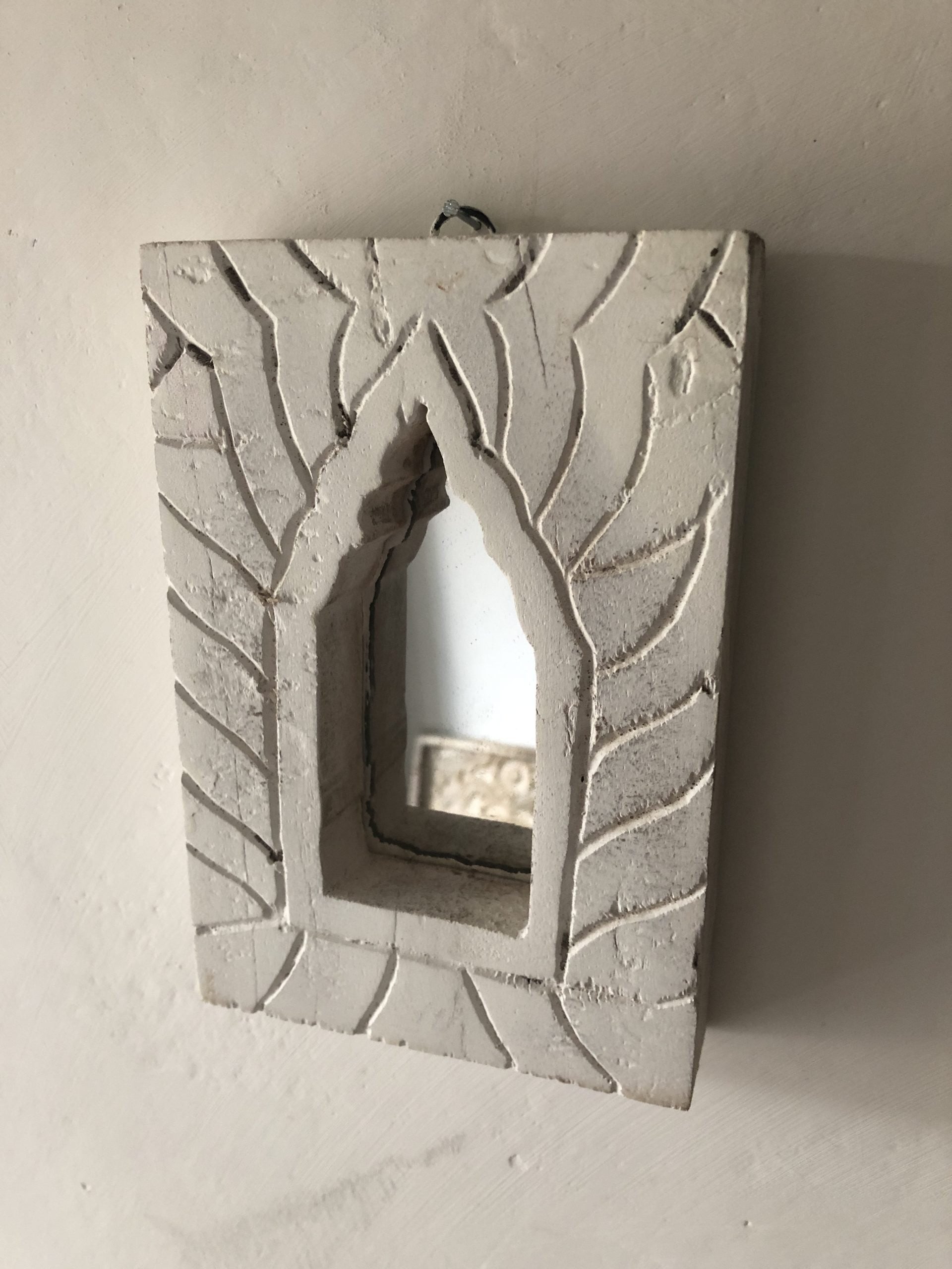 Hand Carved Indian Solid Wood Temple Mirror - 21cm Whitewashed Wall Decor for Home, Yoga Studio & Meditation Space | Boho Chic & Spiritual Decor