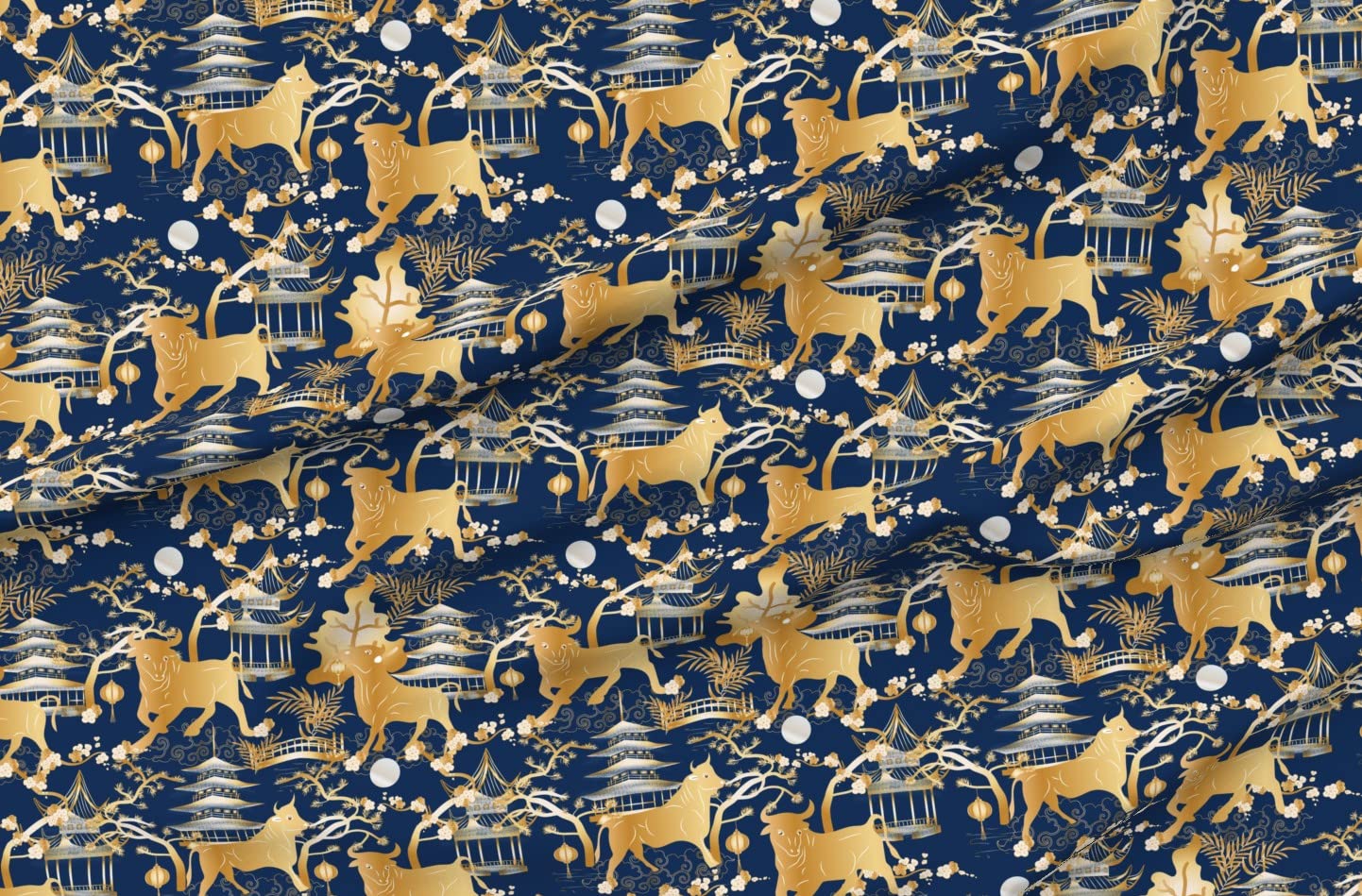 Year Toile Chinoiserie Lunar Japanese Pagoda Gold Blue Chinese Spring Print Upholstery Velvet Fabric by The Yard - Home Decor, Apparel & Upholstery Material for Sofa, Curtains and DIY Crafts | Spoonflower Premium Fabric
