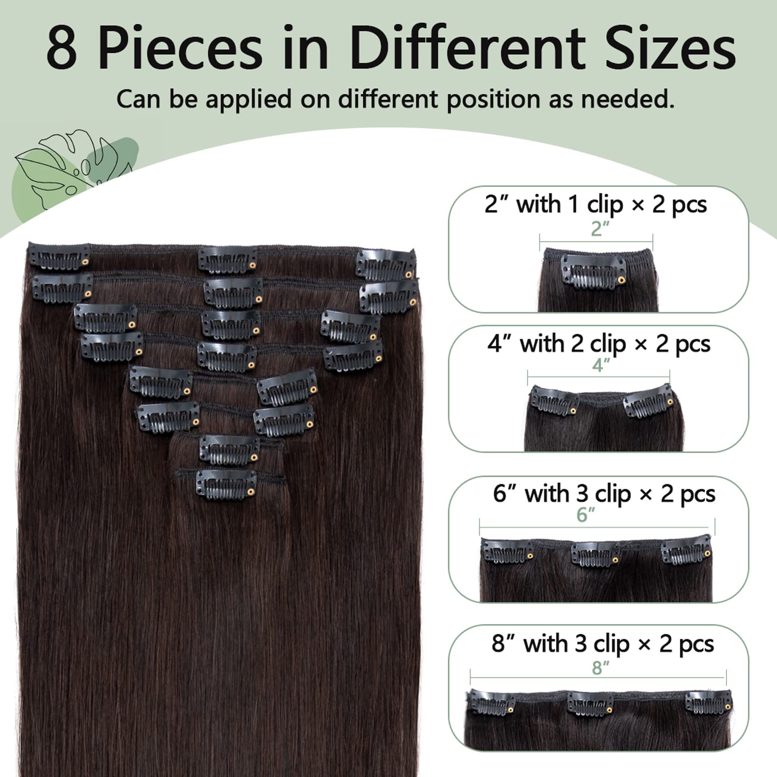 Clip in Human Hair Extensions - 8 Pieces Full Head with 18 Clips - 100% Real Silky Remy Hair - 22 Inch 110g Dark Brown (#2) - Perfect for Volume, Length & Styling for Parties, Weddings & Daily Wear