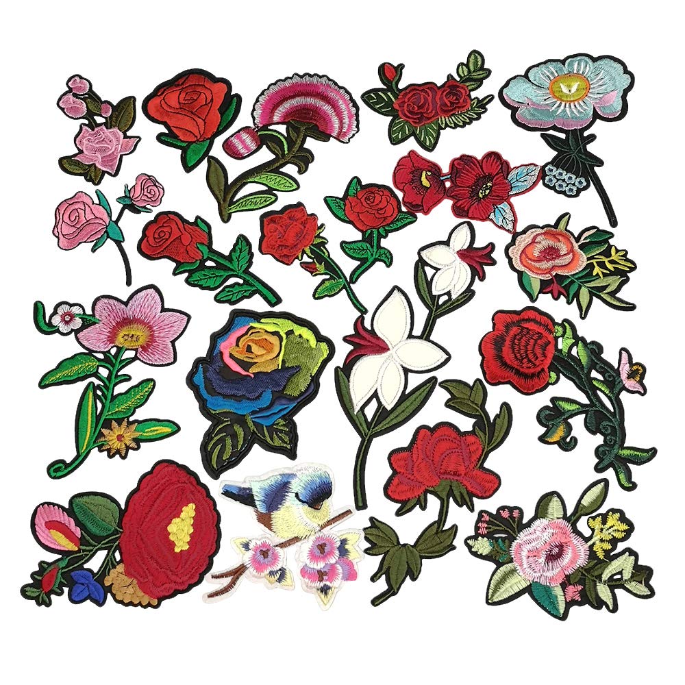 20pcs Assorted Rose Flower Iron-On & Sew-On Patches for Jeans, Jackets, Backpacks, Hats & Shoes - Embroidery Applique (2