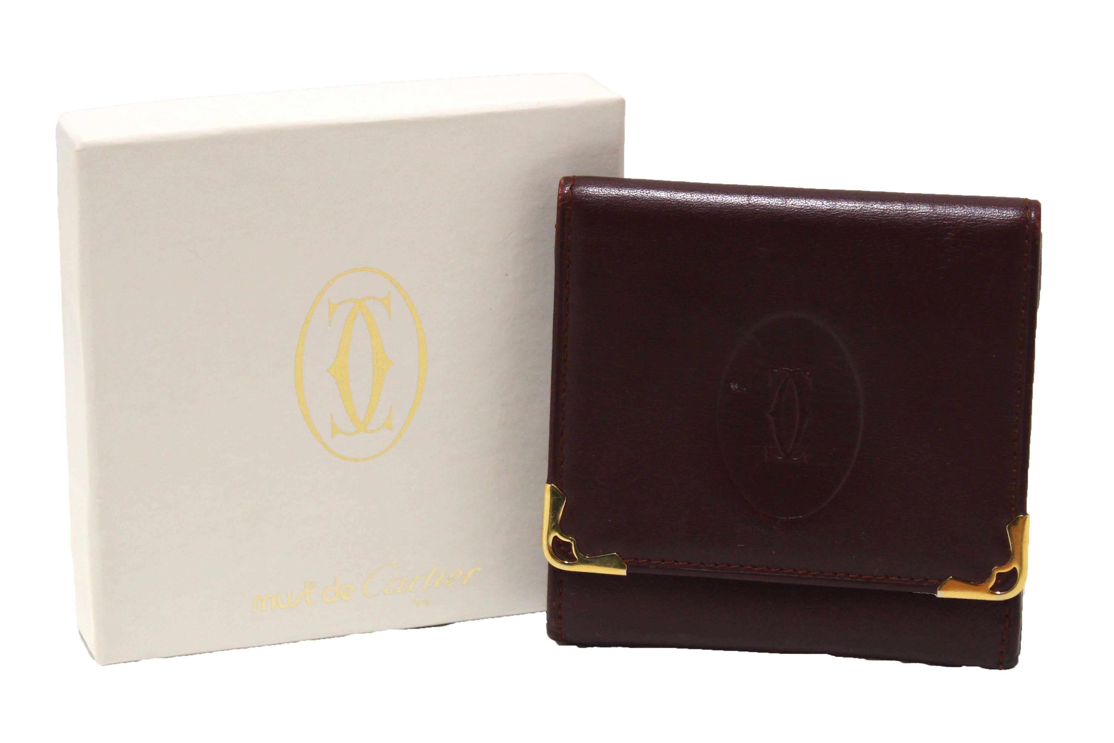 Authentic Cartier Burgundy Calfskin Leather Coin Pouch Wallet - Luxury Small Leather Purse for Women & Men - Perfect for Coins, Jewelry, Cash & Travel Essentials