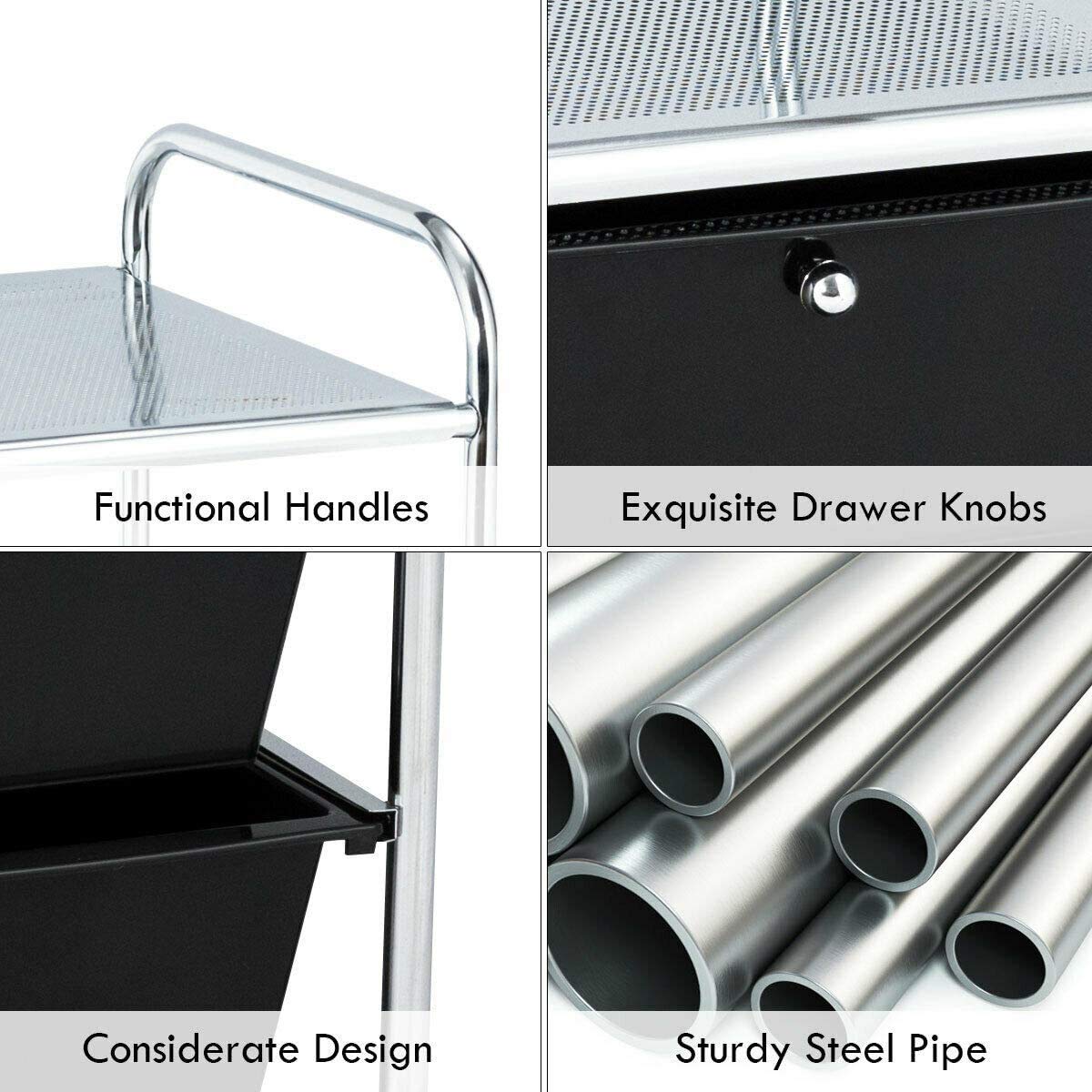 Byroce 4-Drawer Rolling Storage Cart with 2 Shelves & Wheels - 3-Tier Metal Utility Trolley with Handles for Home, Office & Kitchen Organization (Black) - Perfect for Pantry, Bathroom & Craft Room Storage