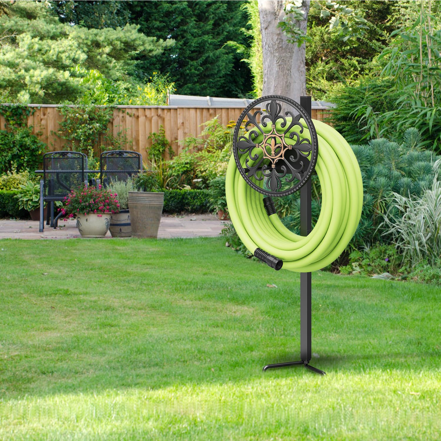 GOFORWILD Decorative Garden Hose Holder - Sturdy Wall Mount Hose Rack for 125-Feet 5/8-Inch Water Hose - Durable Cast Aluminum Hose Reel & Hanger - Perfect for Yard, Lawn, and Outdoor Watering