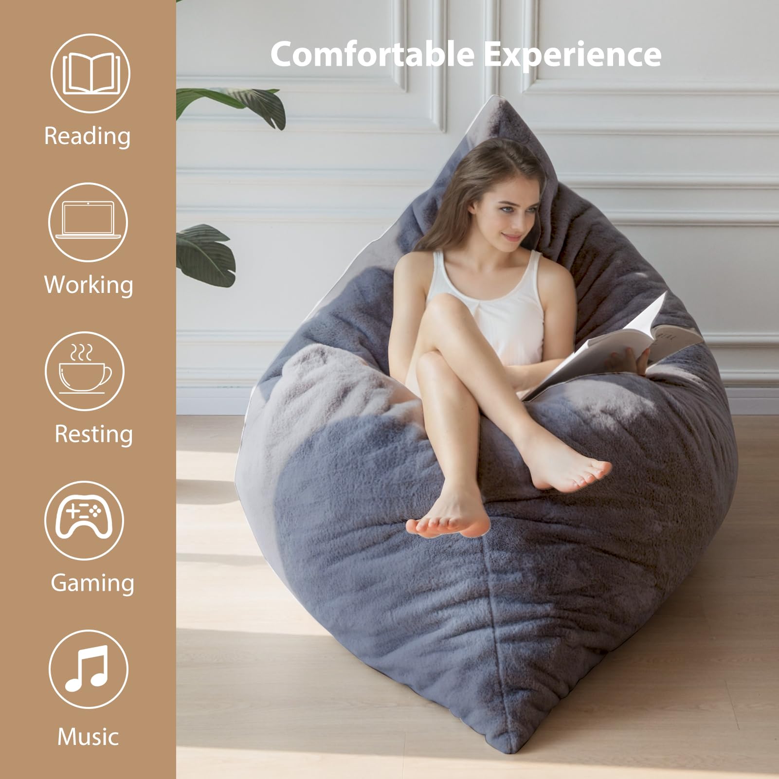 BYBYME 3-in-1 Convertible Bean Bag Chair - Faux Fur Giant Sofa Bed for Adults with High-Density Foam Filling | Perfect for Living Room, Bedroom & Game Room Lounging, Movie Nights & Sleepovers