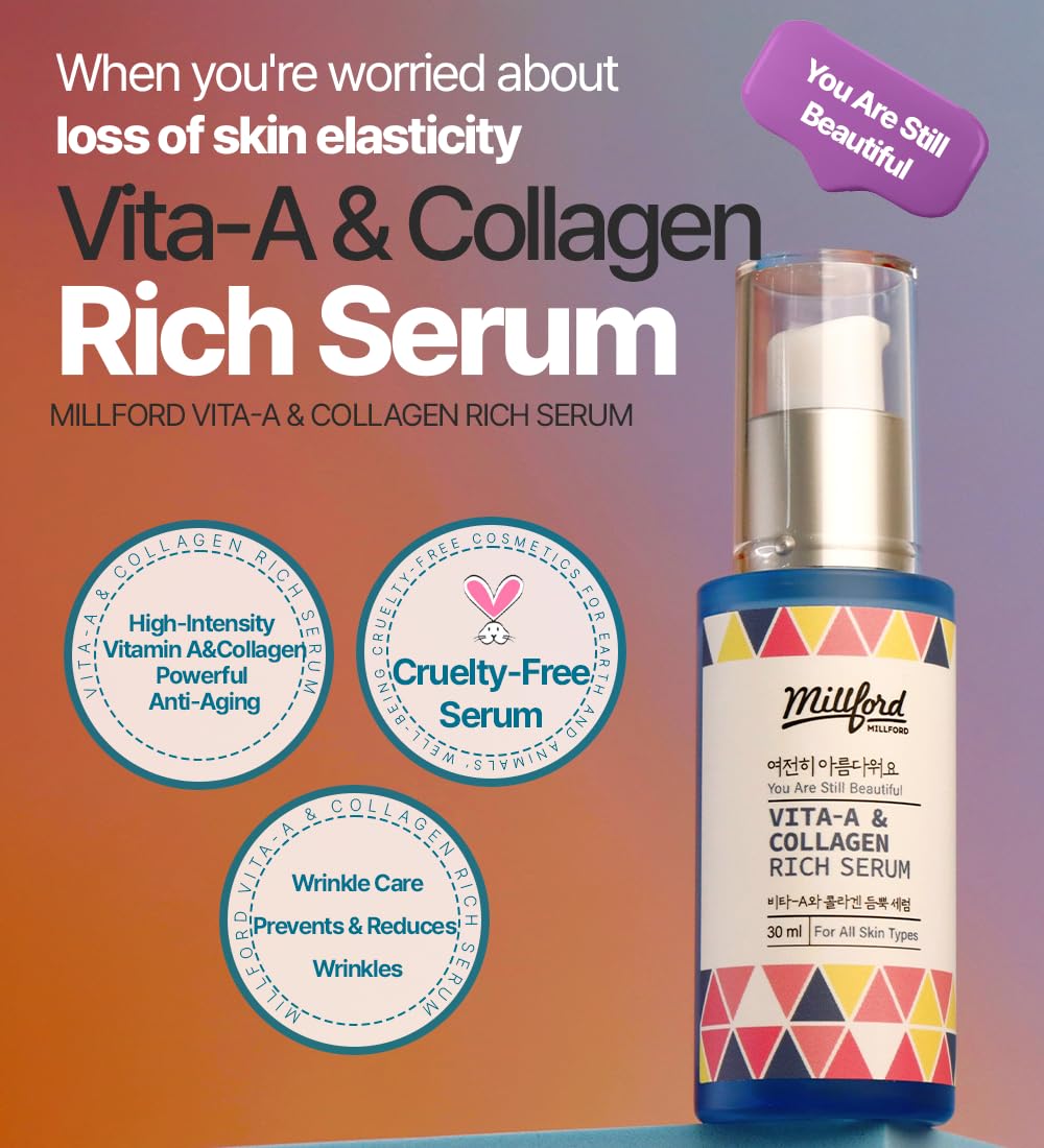 Vita A & Collagen Rich Serum 30ml/1FL Oz - Anti-Aging Face Cream with Marine Collagen for Wrinkles & Fine Lines - Korean Skincare with Retinyl Palmitate - Perfect for Night Routine & Daily Hydration