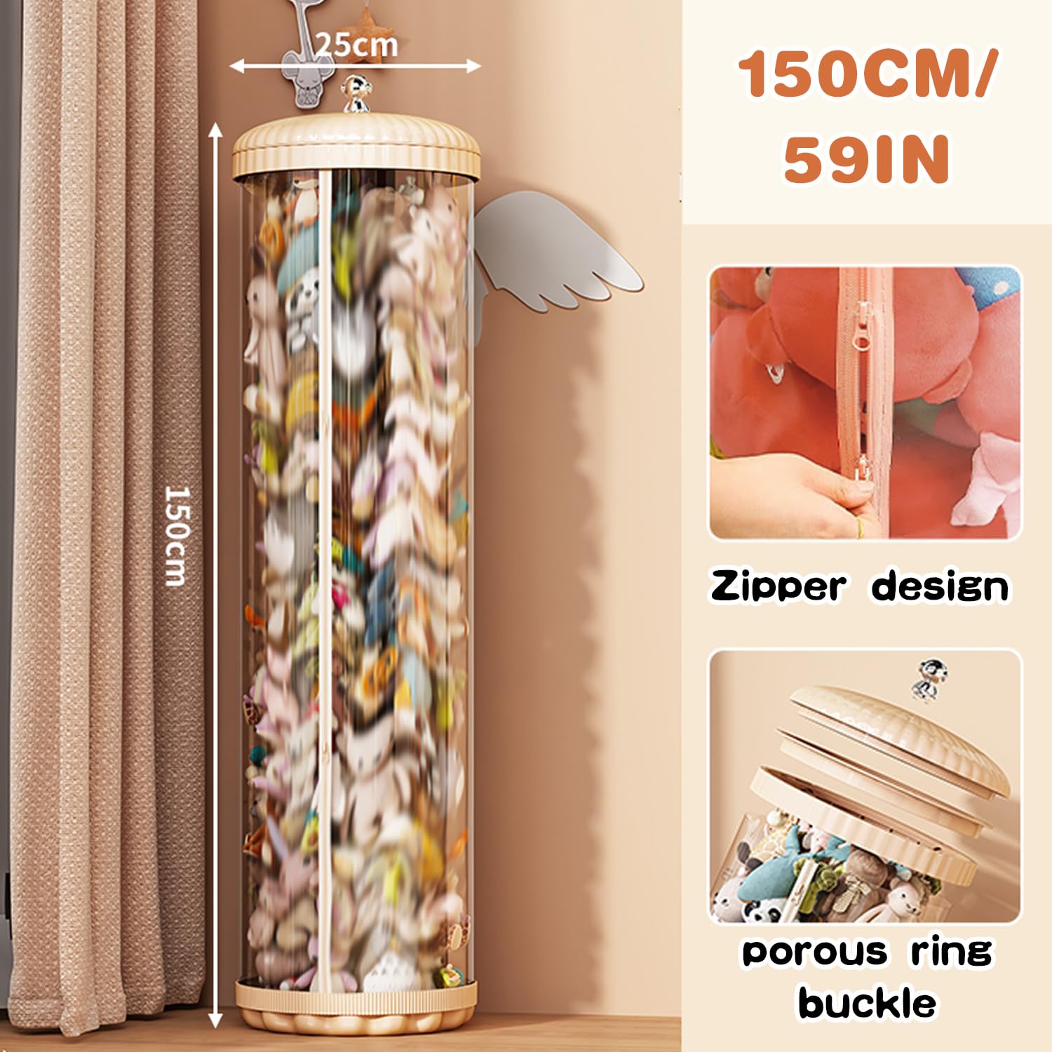 Kids Doll Storage Tube - Transparent PET Stuffed Animal Organizer with Zipper & Lid, 150cm White Toy Display Bucket for Bedroom | Perfect for Toy Organization, Playroom Storage & Kids Room Decor