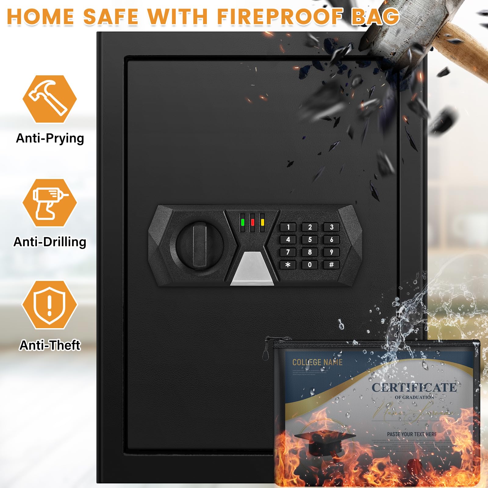 3.4 Cuft Fireproof and Waterproof Digital Safe Box for Home - Anti-Theft Security Safe with Electronic Keypad, Mute Mode & Alarm System - Ideal for Storing Jewelry, Cash, Documents, and Medicine (Home/Office/Bank Use)