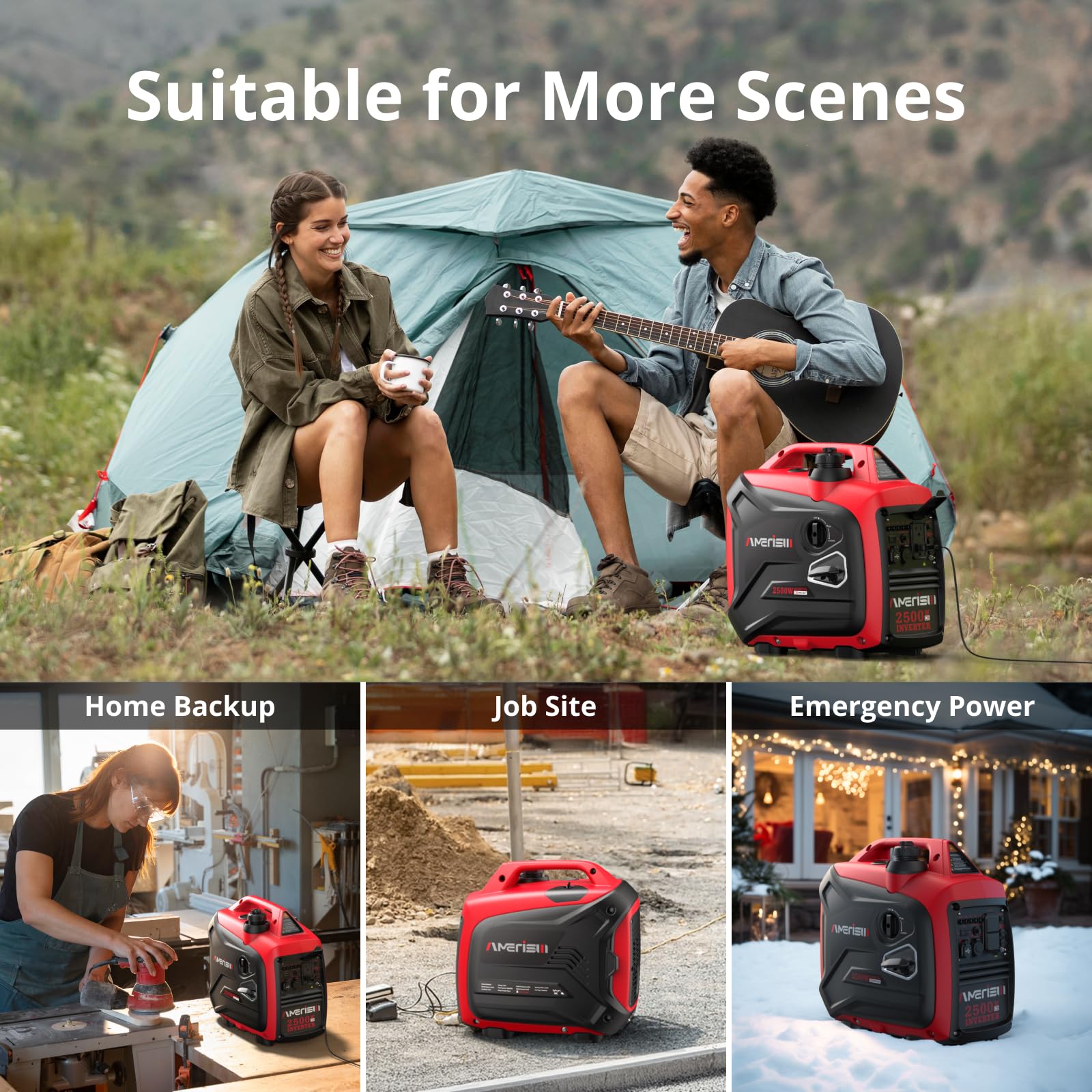 2500W Portable Inverter Generator - Ultra Quiet Gas Powered Generator with CO Sensor | EPA Compliant 2025 Model for Camping, RV, Tailgating & Home Emergency Backup Power