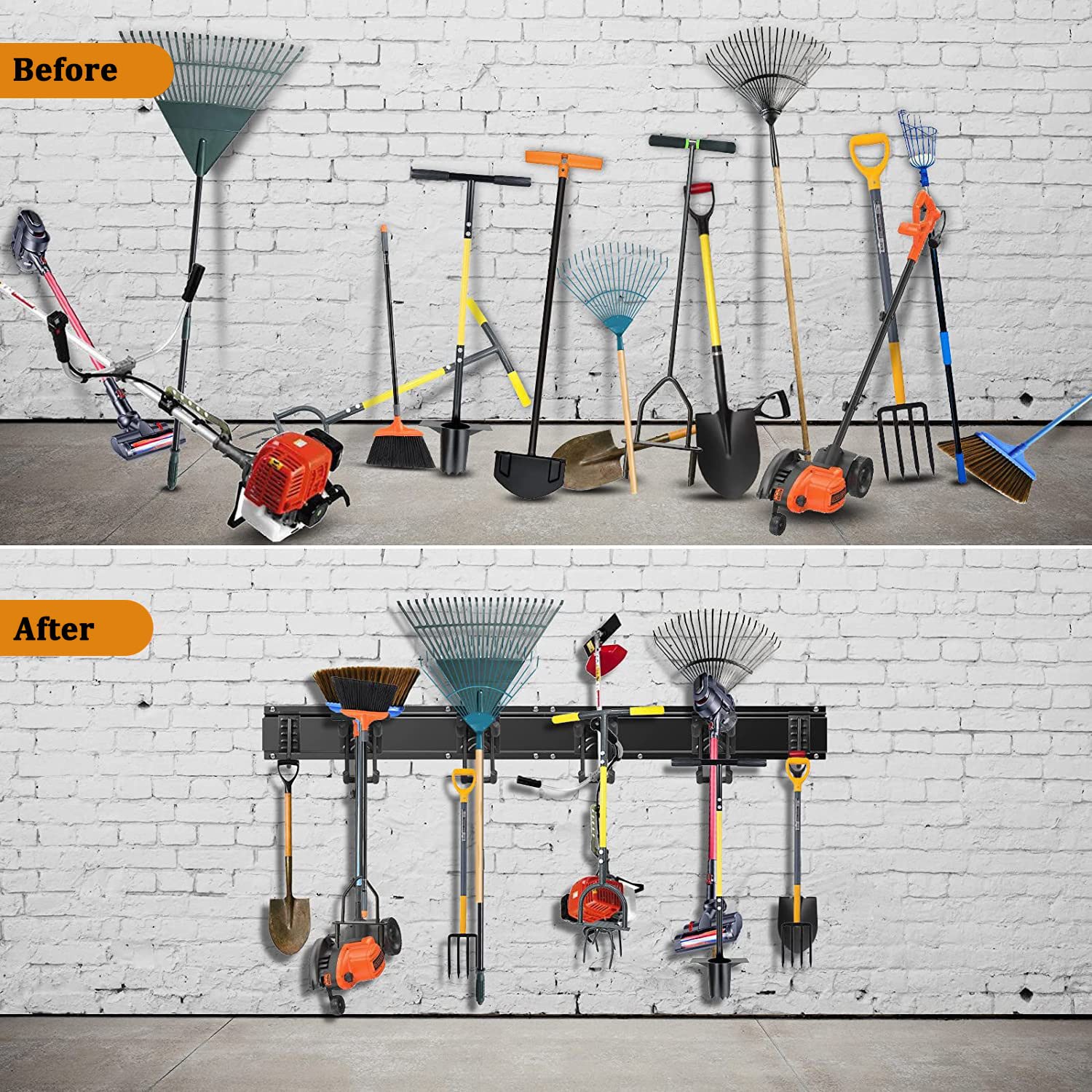 Heavy Duty Wall Mount Tool Storage Rack with 6 Hooks - Garage Clamping Organizer for Garden Tools, Ski Gear, Chairs, Brooms, Mops, Rakes & Shovels - Perfect for Garage, Shed, Workshop & Yard Organization