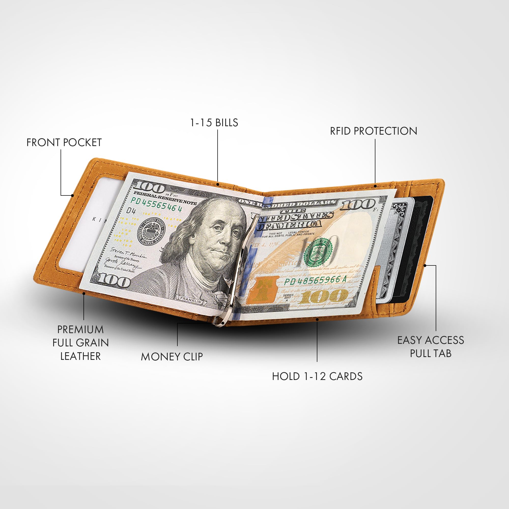 Kings Loot Men's Slim RFID Blocking Leather Money Clip Wallet - Minimalist Front Pocket Bifold Holds 12 Cards | Stylish Compact Design in Buckskin | Perfect for Travel, Business & Everyday Carry