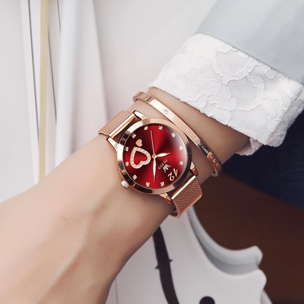 OLEVS Women's Rose Gold Minimalist Watch & Bracelet Set - Slim Analog Quartz Wristwatch for Ladies, Waterproof Two-Tone Dress Watch for Everyday Wear, Office & Special Occasions