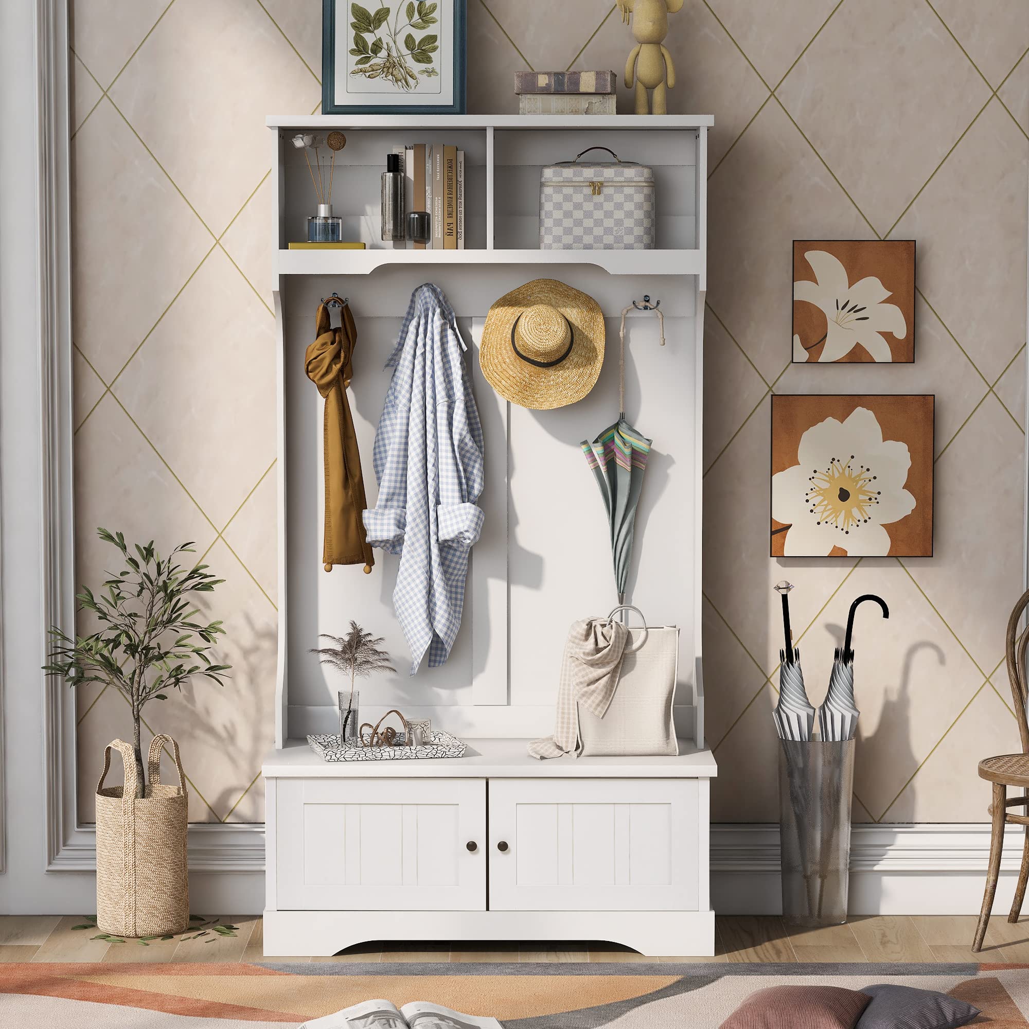White Hall Tree with Storage Cabinet, Entryway Bench, Shoe Storage & Coat Rack - 4 Hooks & 2 Doors for Hallway & Entrance Organization | Perfect for Mudrooms, Foyers & Small Spaces