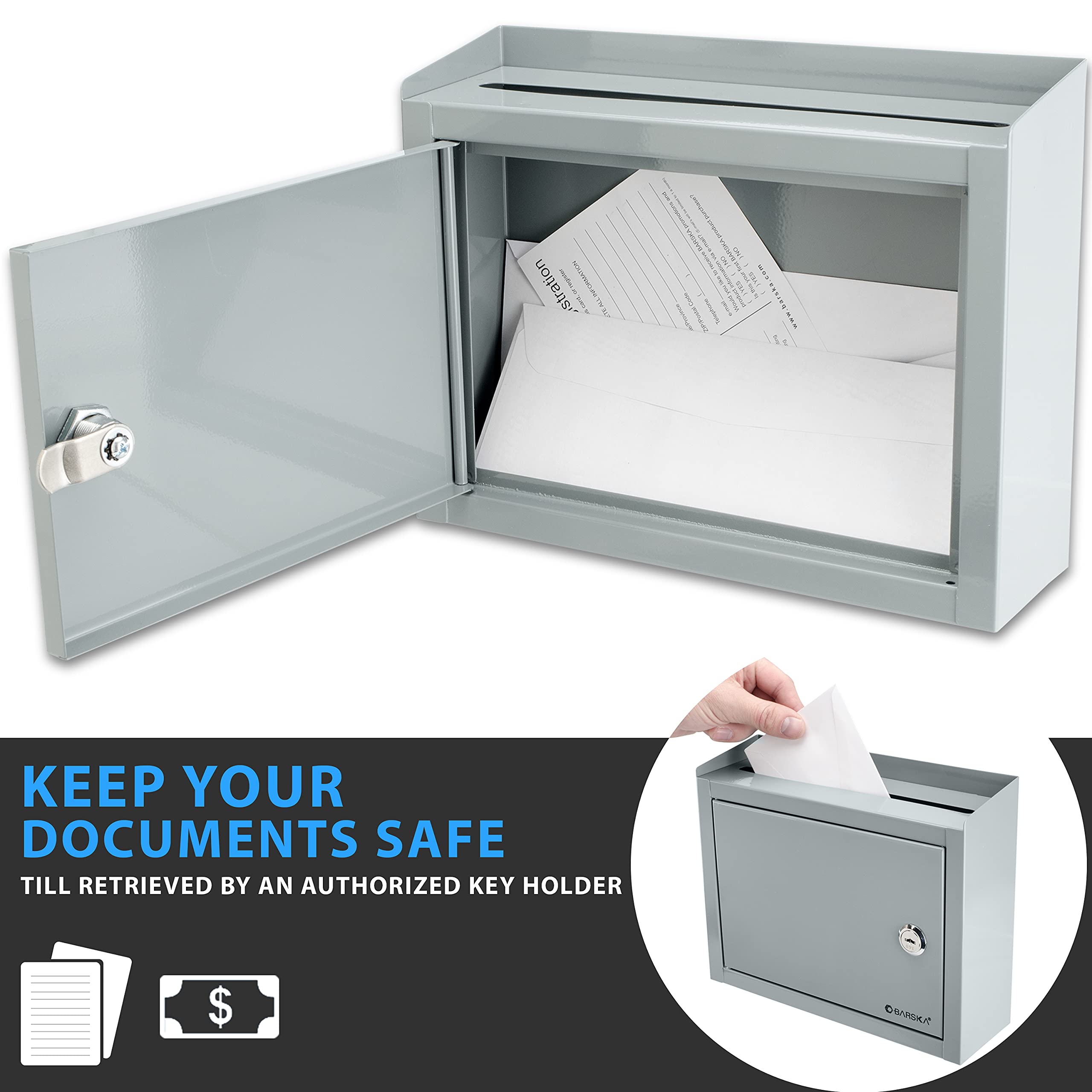 Barska Wall Mount Multi-Purpose Locking Mail Drop Box with Key Lock - Secure Mailbox for Home, Office & Classroom - Perfect for Package Delivery, Documents & Confidential Mail Collection
