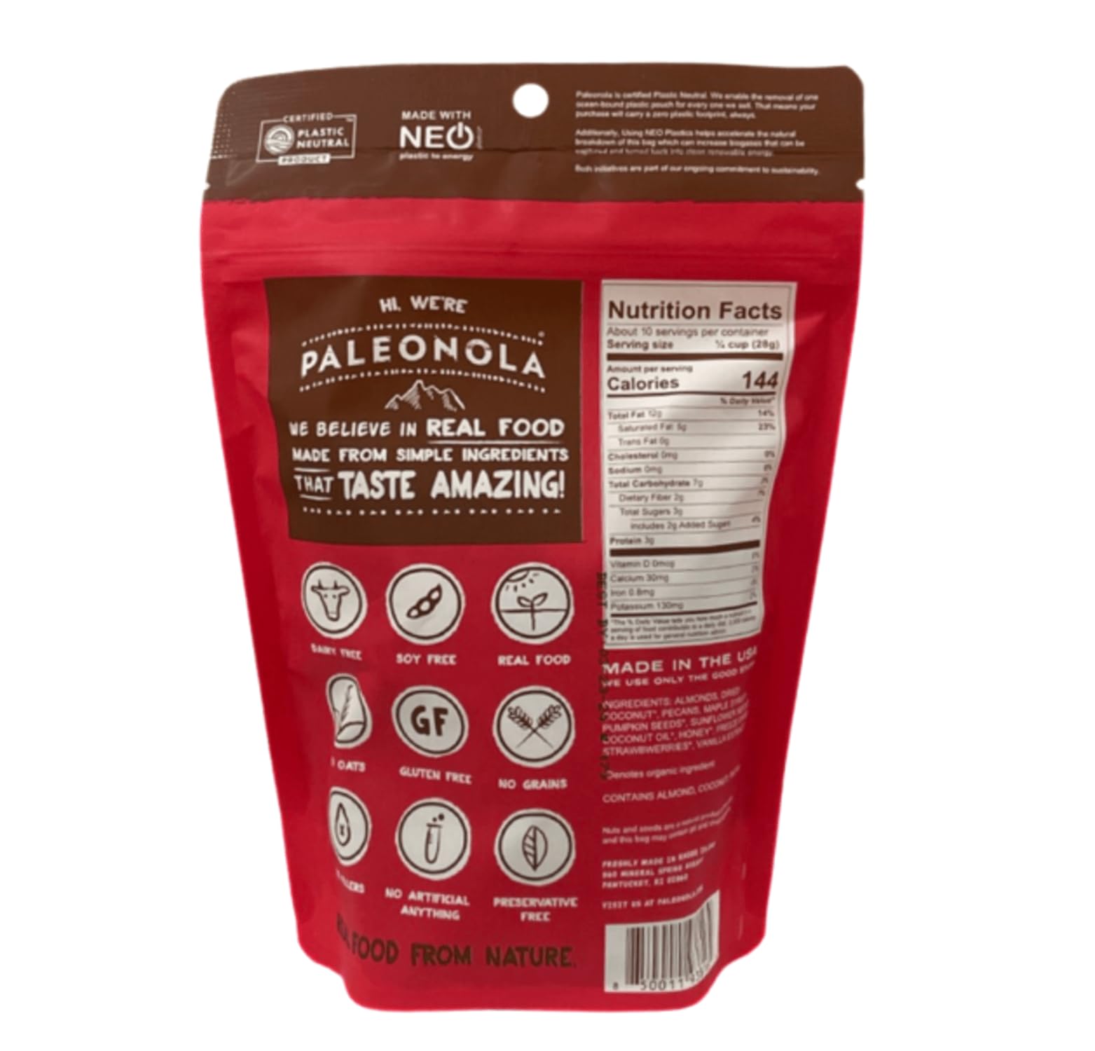 Paleonola Grain Free Granola Strawberry Flavor - Non-GMO, Gluten Free, Dairy Free, Low Carb Protein Snack - Healthy Breakfast & Keto Diet Friendly - Perfect for On-the-Go, Office, and Travel Snacking