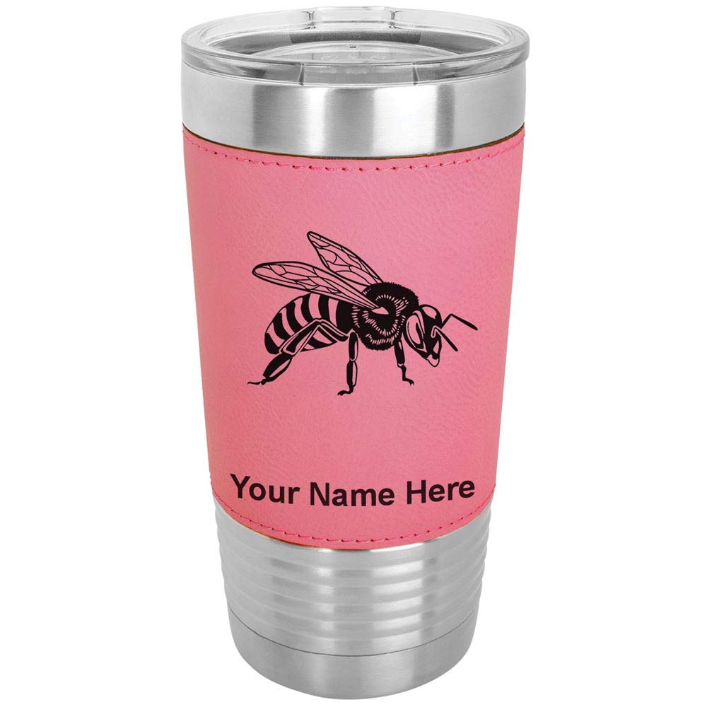 LaserGram 20oz Vacuum Insulated Stainless Steel Tumbler Mug with Honey Bee Design - Personalized Engraving, Faux Leather Handle, Pink Color - Perfect for Coffee, Tea & Cold Drinks at Home, Office or Travel