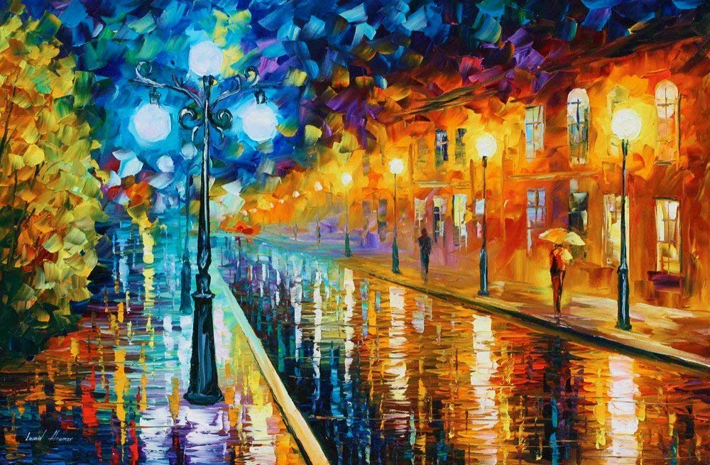Leonid Afremov Blue Lights Oil Painting on Canvas - Handmade Wall Art for Living Room & Bedroom Decor | Night Scene Landscape Artwork