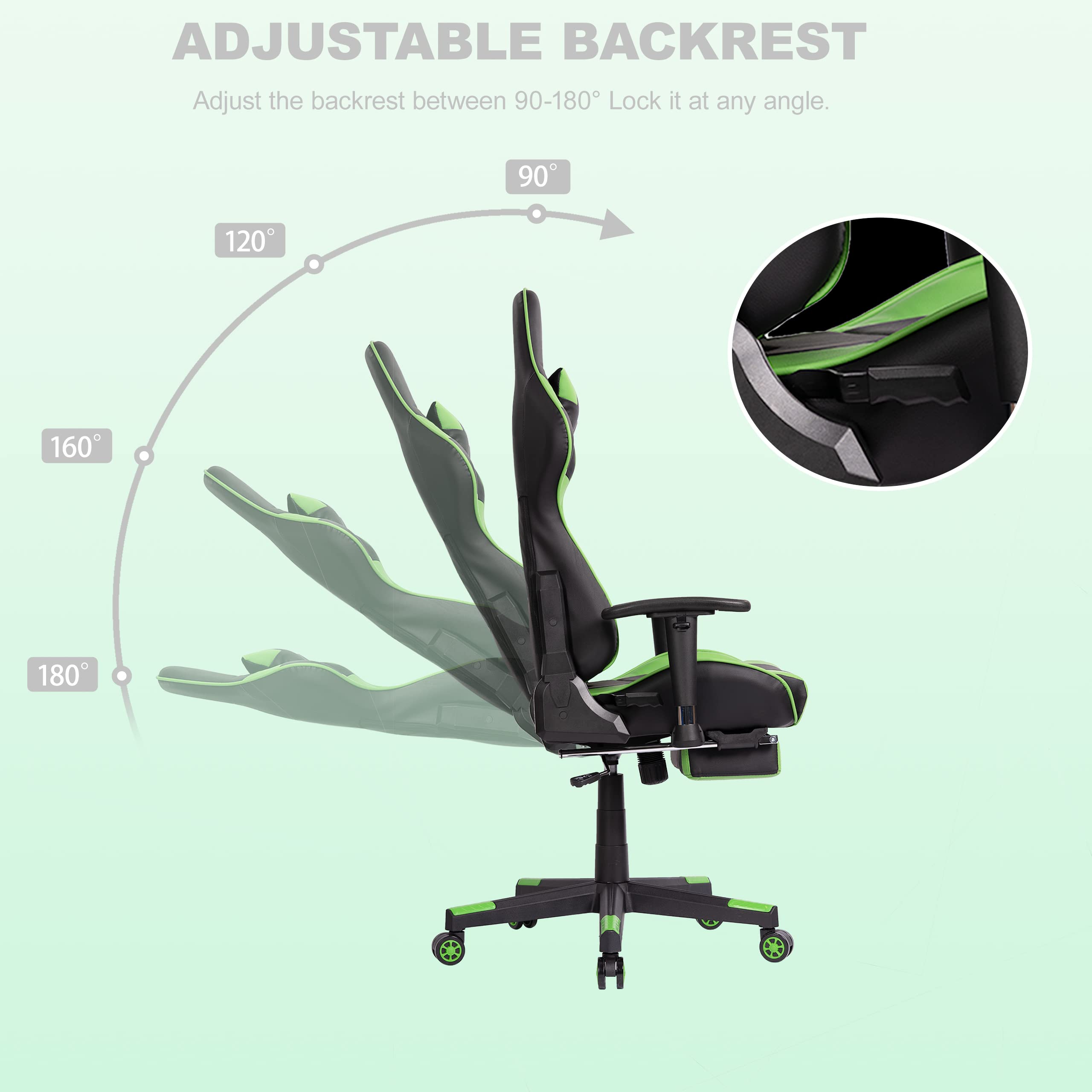 OHAHO Ergonomic Gaming Chair - High Back Racing Style Office Chair with Adjustable Lumbar Support, Massage Cushion, Retractable Arms & Footrest - Swivel Recliner for PC Gaming, Work & Home Office (Black/Green)