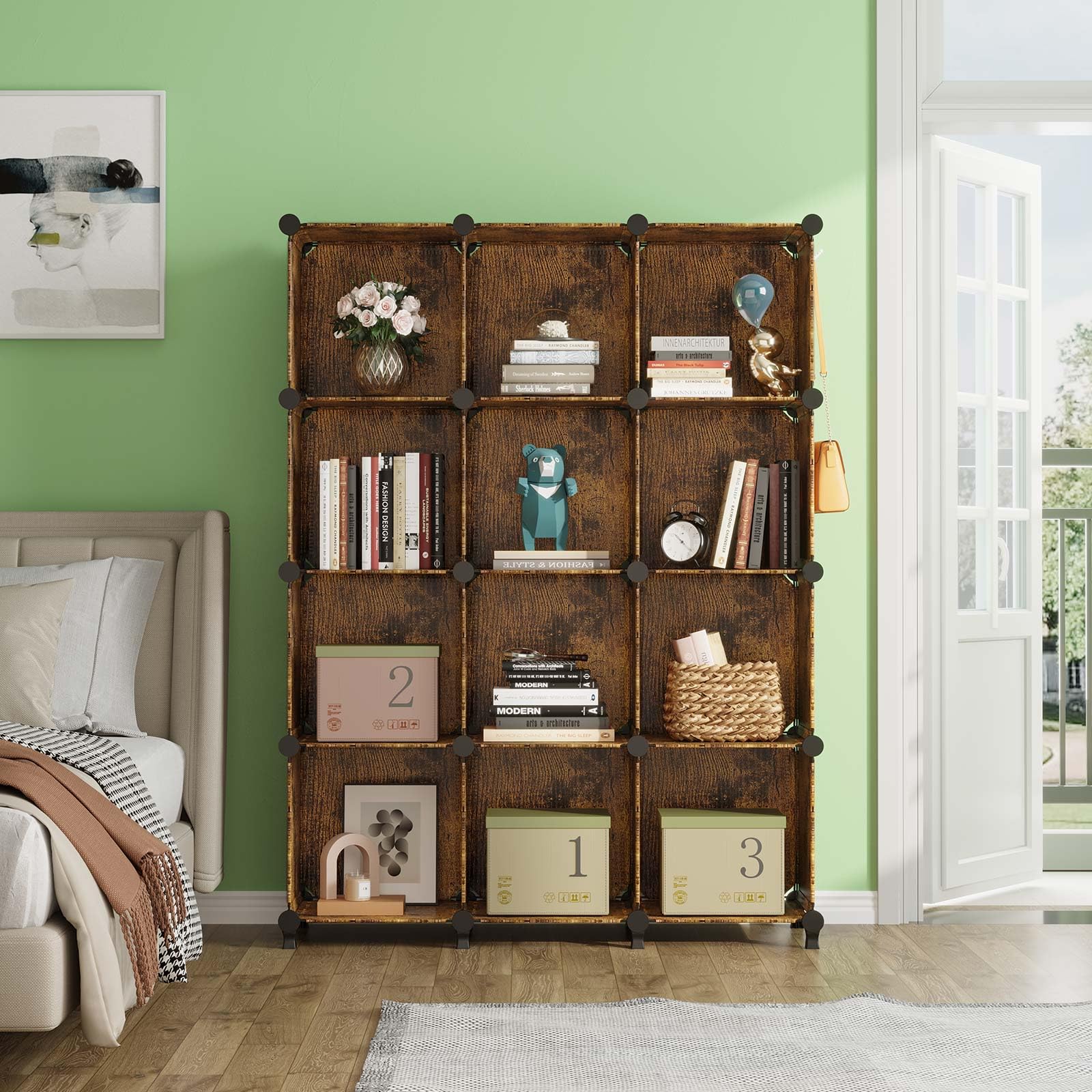 GREENSTELL 12-Cube Closet Organizer with Rubber Mallet - Portable Storage Shelves for Kids Clothes, Bedroom, Office (11.8x11.8x11.8 Inch) - Rustic Brown - Perfect for Small Spaces, Nursery Organization & Home Office Storage