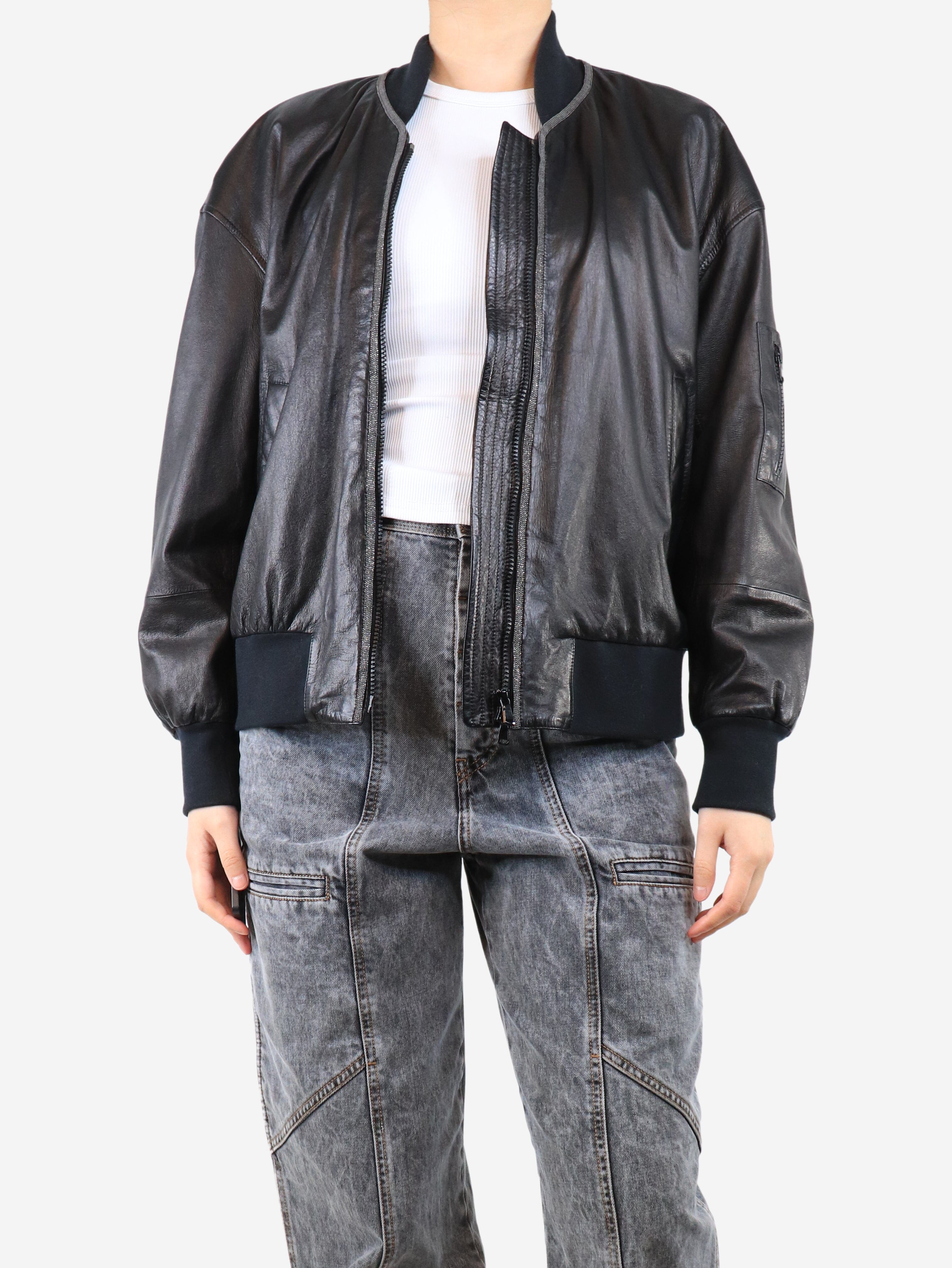 Black Leather Bomber Jacket - Size UK 10 (US Women's 6) - Stylish Outerwear for Women | Perfect for Casual Wear, Night Out & Fall Fashion