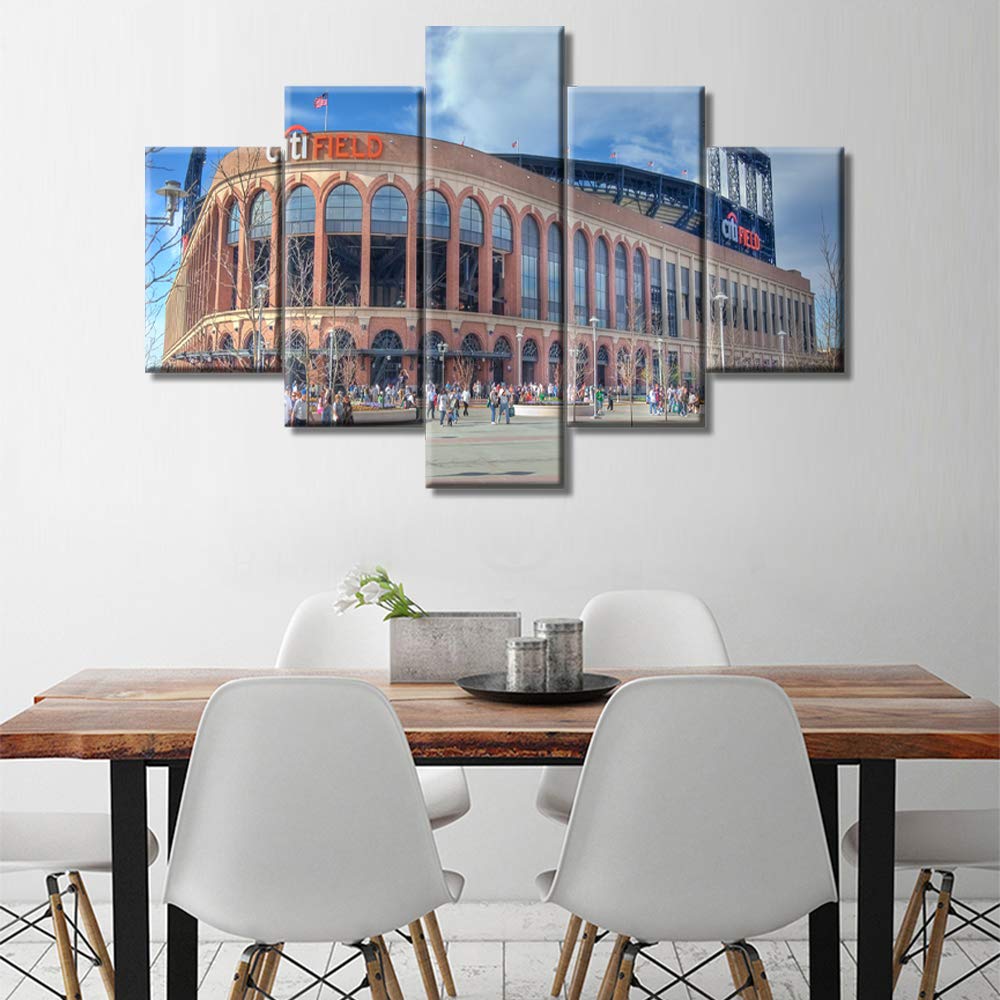 5 Panels New York City Baseball Stadium Canvas Wall Art - Rustic Home Decor for Living Room & Bedroom - Giclee Gallery-Wrapped Framed Ready to Hang 60