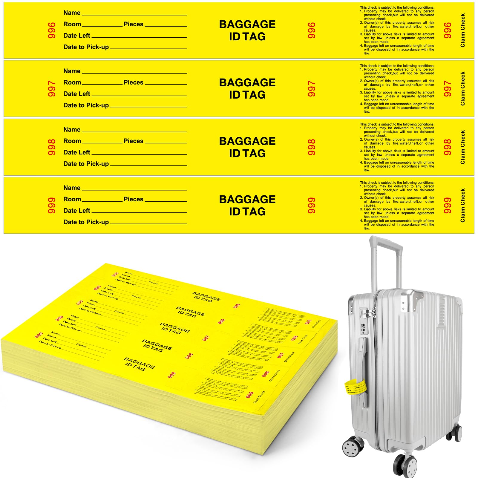 1000 Yellow Hotel Luggage ID Tags with Transfer Tape - Numbered 000 to 999 for Baggage Claim | Durable Suitcase Identification Tags for Hotels, Motels & Travel | Perfect for Group Events, Business Trips & Family Vacations