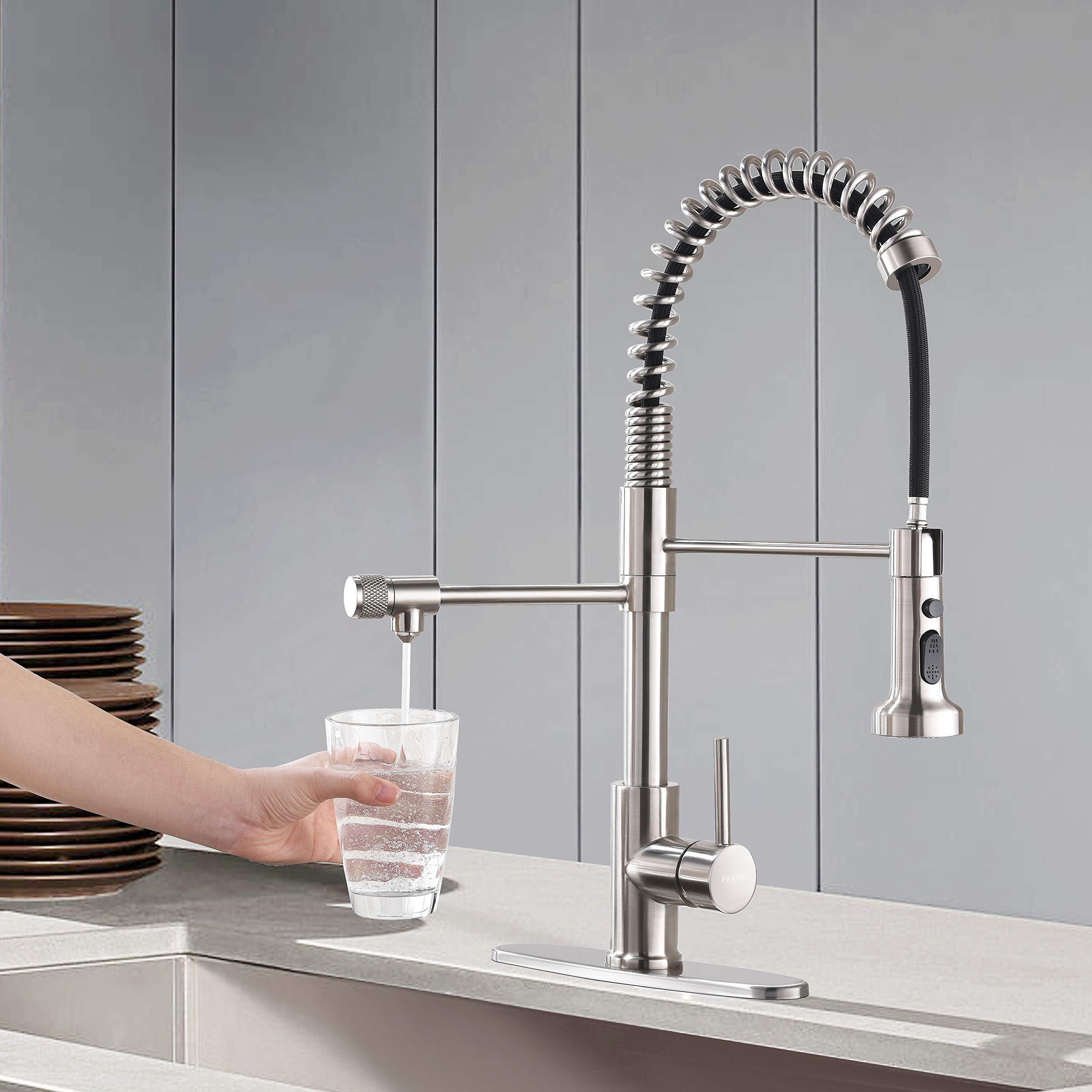 Premium Pull-Down Kitchen Faucet with Water Filtration - Brushed Nickel & Stainless Steel Drinking Water Faucet (Model PB1017) for Modern Homes, Restaurants & Coffee Bars