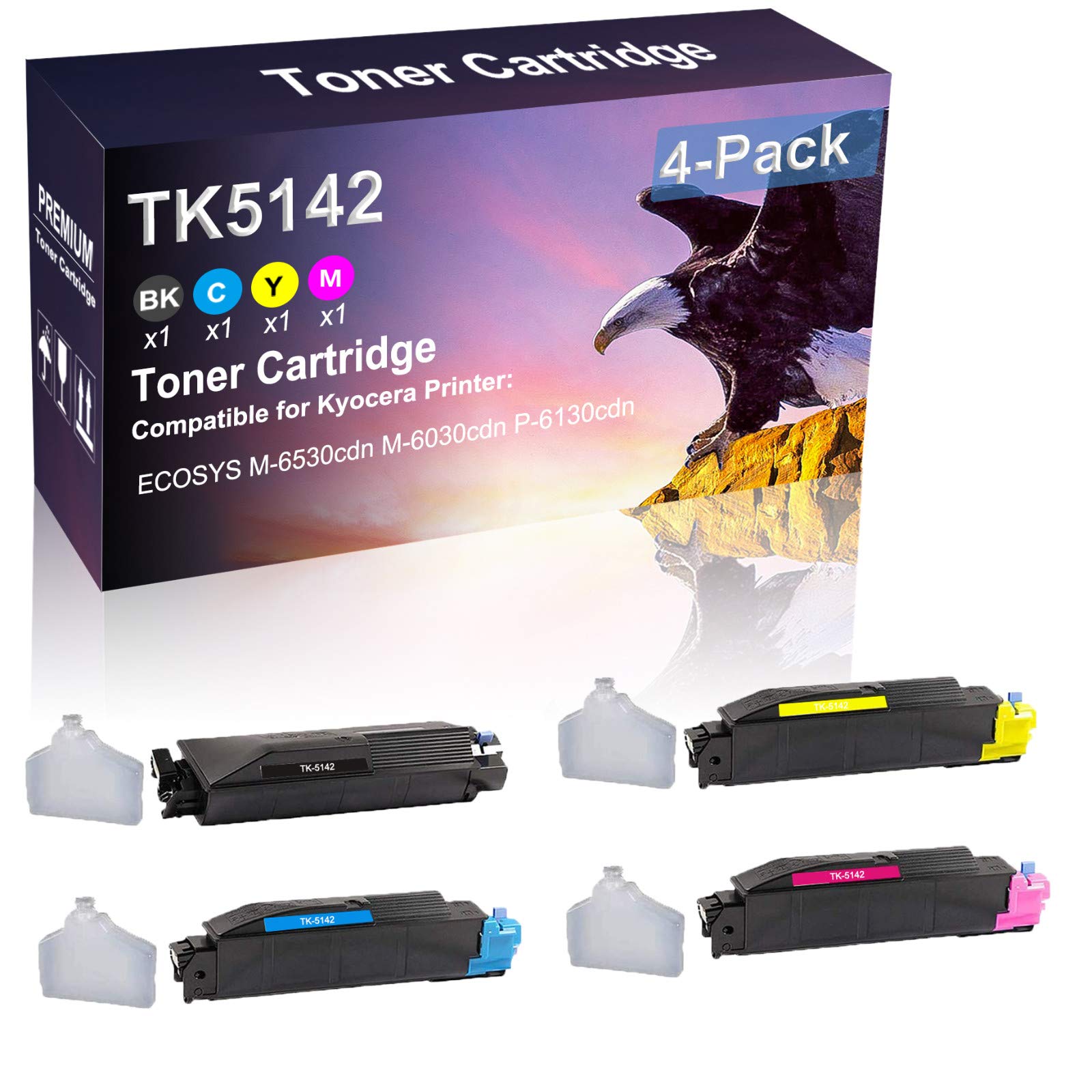 4-Pack High Yield TK-5142 Compatible Toner Cartridges (Black, Cyan, Yellow, Magenta) for Kyocera ECOSYS M-6530cdn, M-6030cdn, P-6130cdn Printers - Perfect for Office & Home Printing Needs