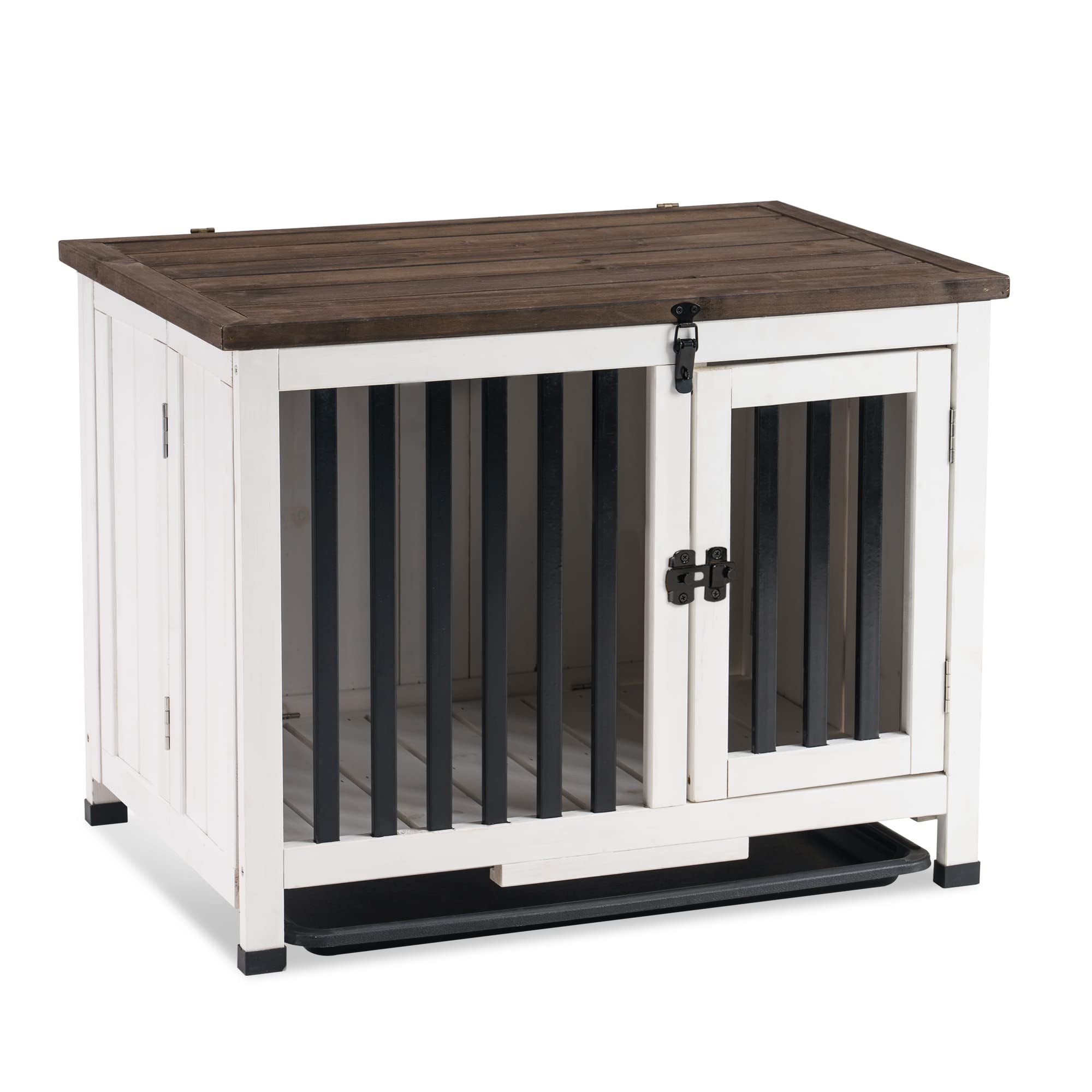 MCombo Solid Wood Dog Crate Furniture - Foldable Portable Indoor Dog Kennel End Table with Removable Tray - Small Size White & Brown Pet Cage for Living Room, Bedroom, or Office Use