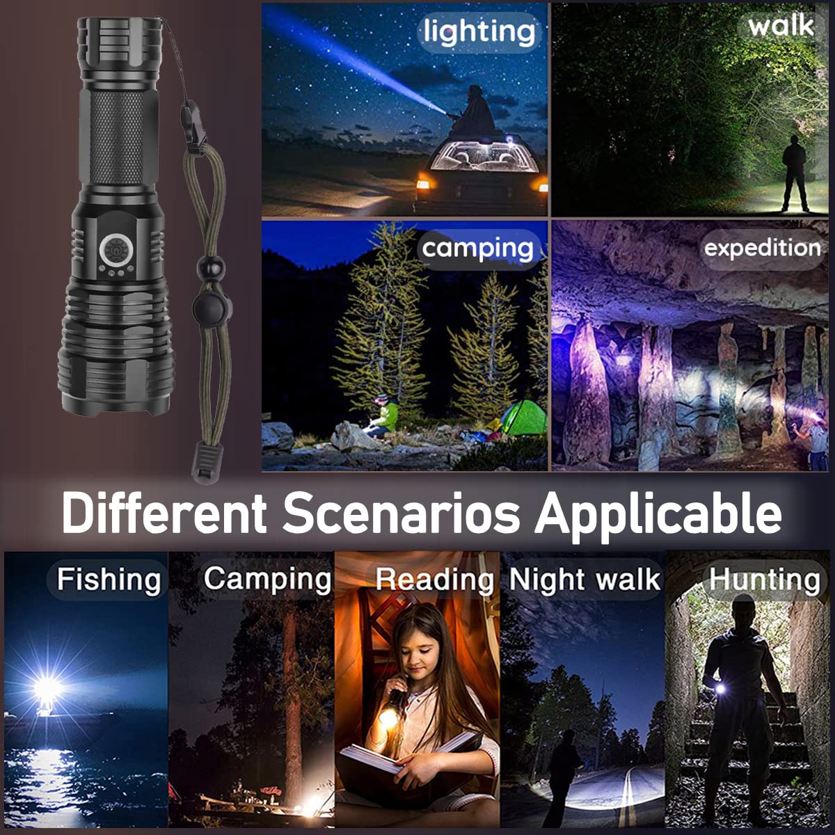 100,000 Lumens Rechargeable LED Tactical Flashlight - Zoomable, Waterproof, 5 Modes for Camping, Hiking, Hunting & Emergency Use | Swanlake Super Bright Flashlight