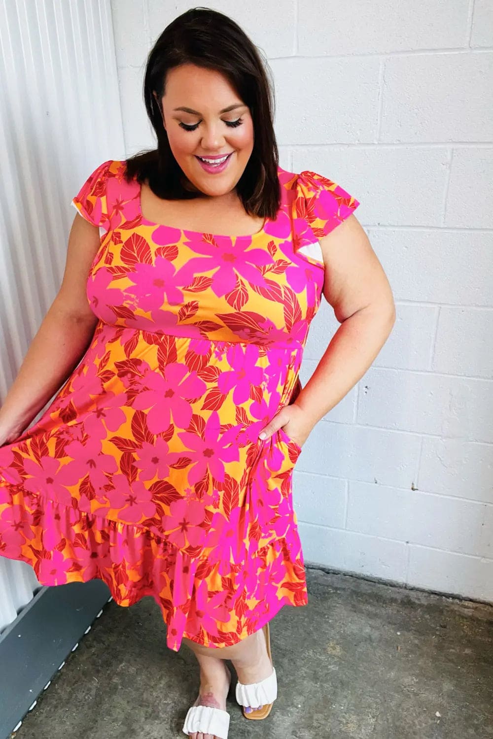 Fuchsia & Orange Tropical Floral Square Neck Summer Dress for Women - Beach Vacation, Party & Casual Outfit