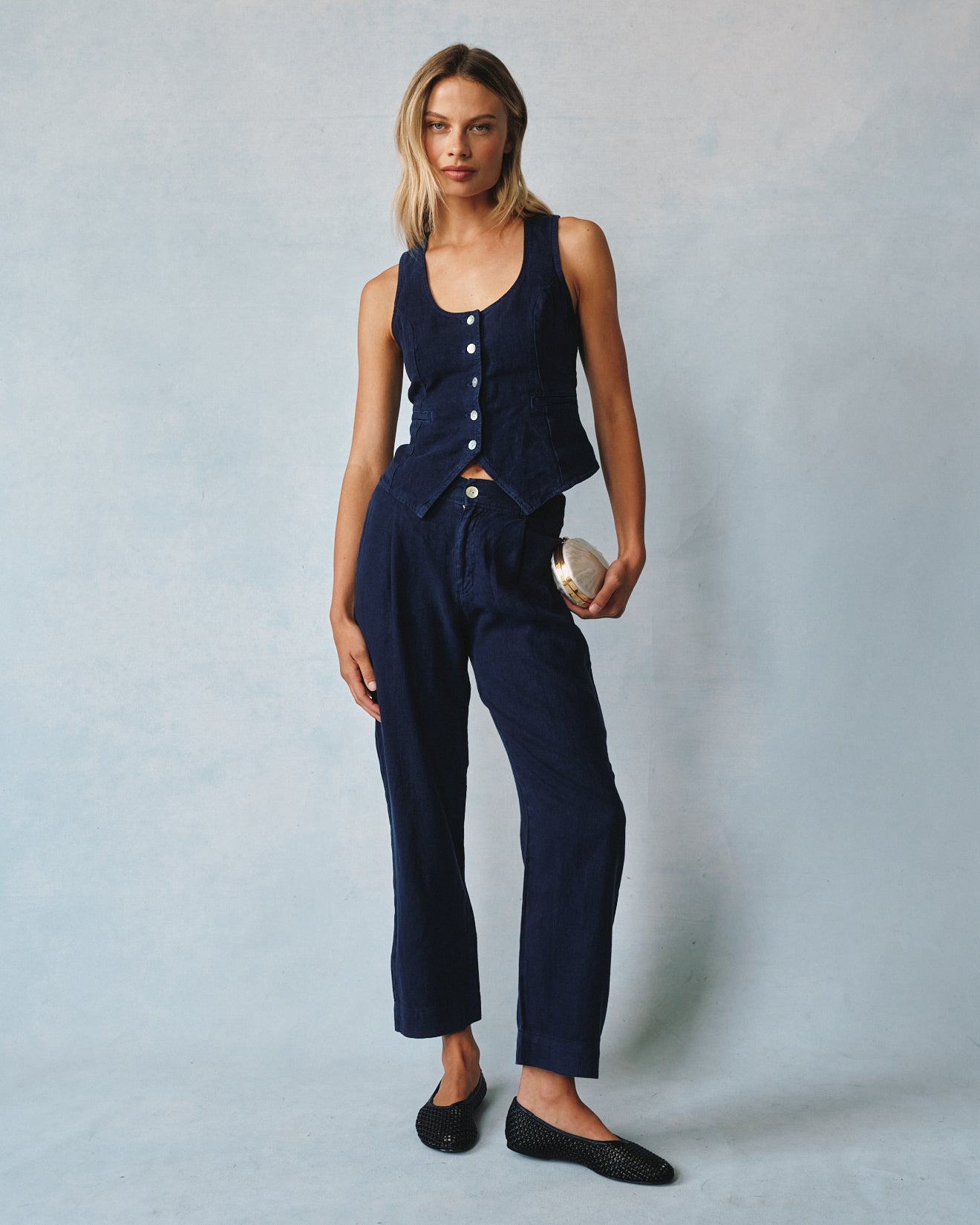 Luxury Linen Pleated Wide Leg Ankle Pants for Women - Italian Navy Blue - Comfortable & Stylish Casual Office Wear