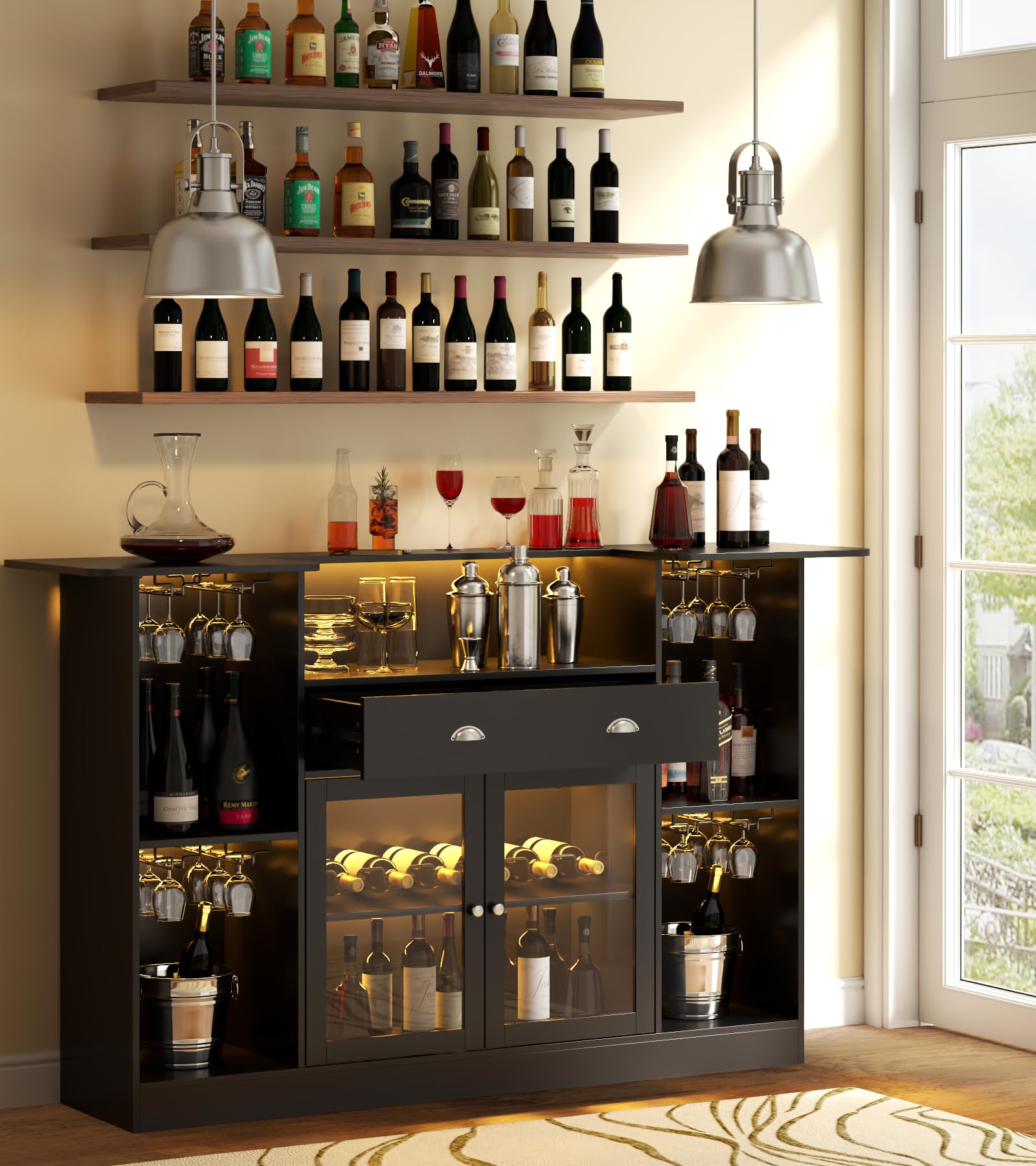 Premium Loomie LED Bar Table Cabinet with Drawer - 8-Tier Storage Mini Liquor Bar with Stemware Holder & Adjustable Wine Rack - Crescent Shaped Glass Door Counter for Home Pub, Kitchen, Living Room or Man Cave