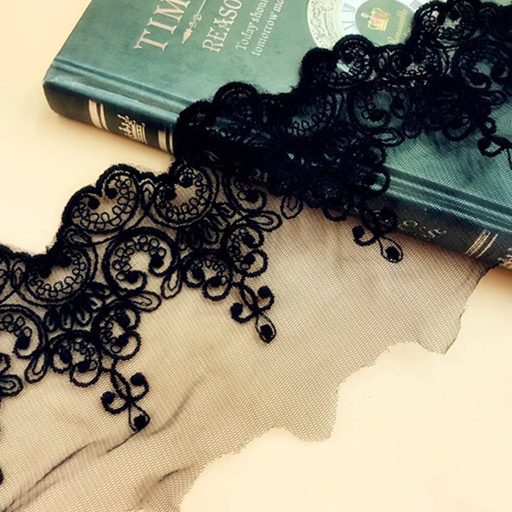 1 Yard White & Black Cotton Embroidered Lace Fabric Trim - 9.5cm Width for DIY Dressmaking, Sewing Supplies, Ribbon Trim, Garment Decor, Curtain Accessories | Perfect for Wedding Dresses, Home Decor, and Craft Projects